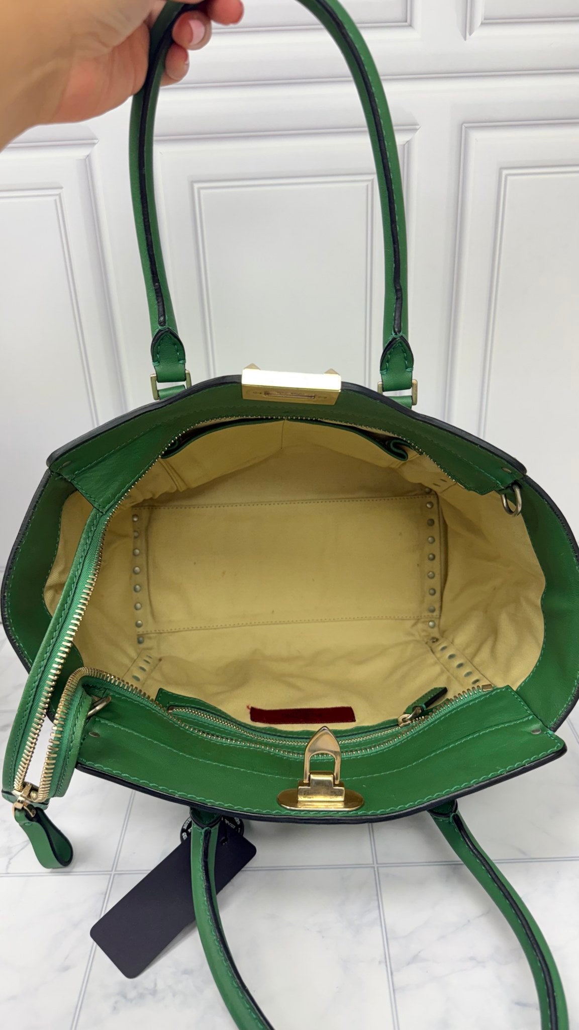 Valentino Green Leather Rockstud Trapeze Tote Bag