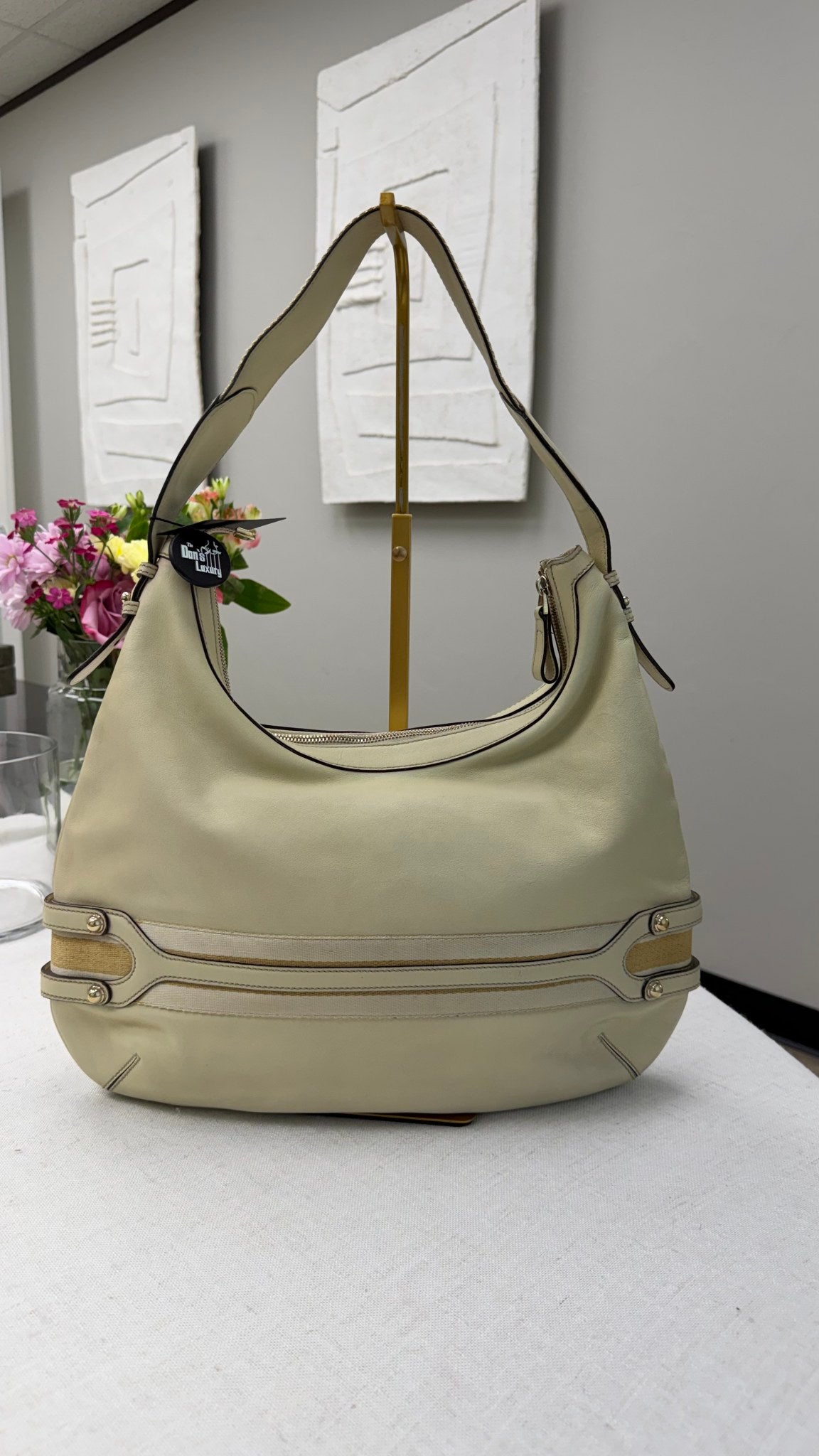 Gucci Cream Leather Web Hobo Shoulder Bag
