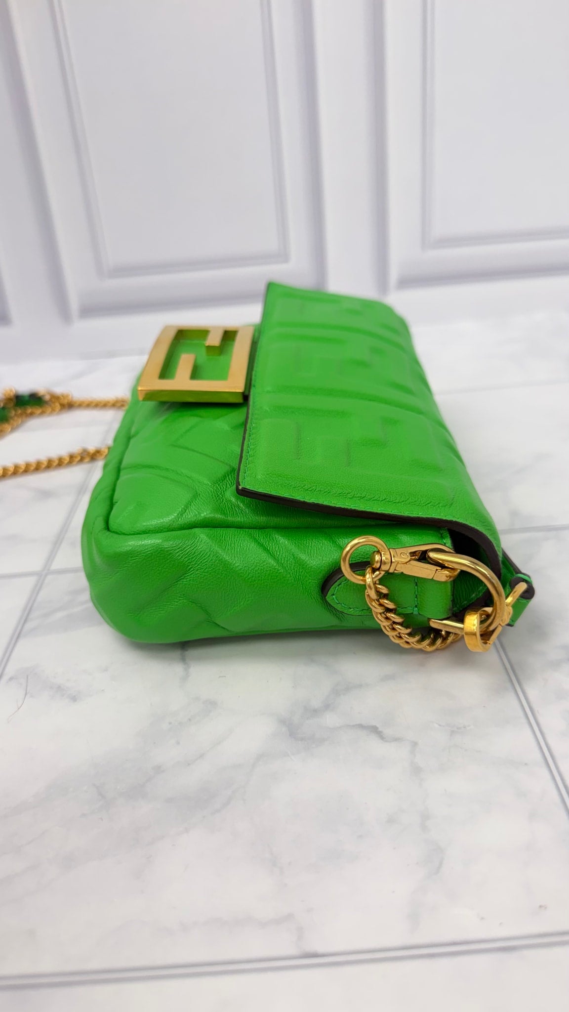 BRAND NEW - Fendi Green Leather Embossed Mini Baguette Chain Crossbody Bag