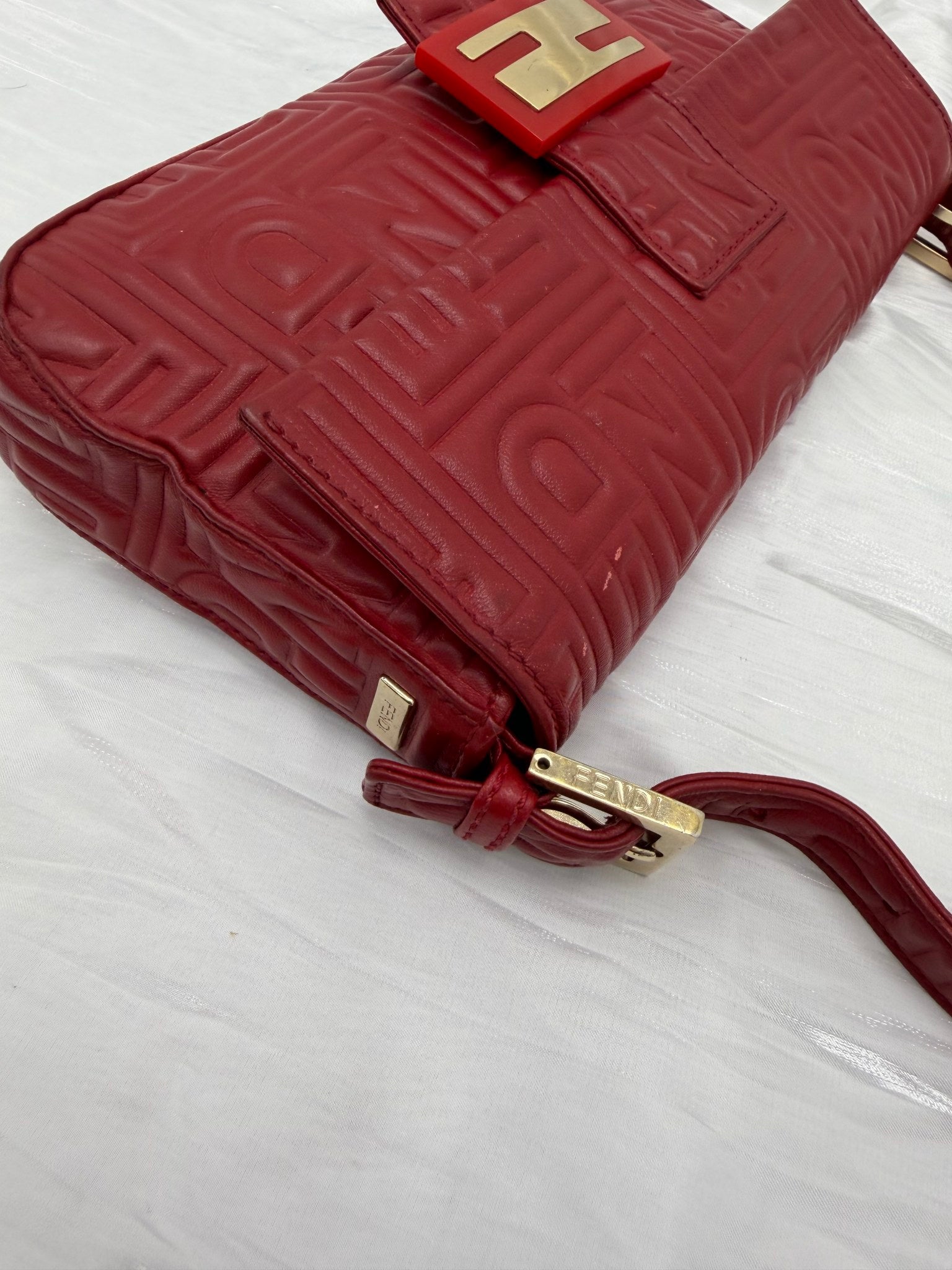 Fendi Red Embossed Leather Baguette