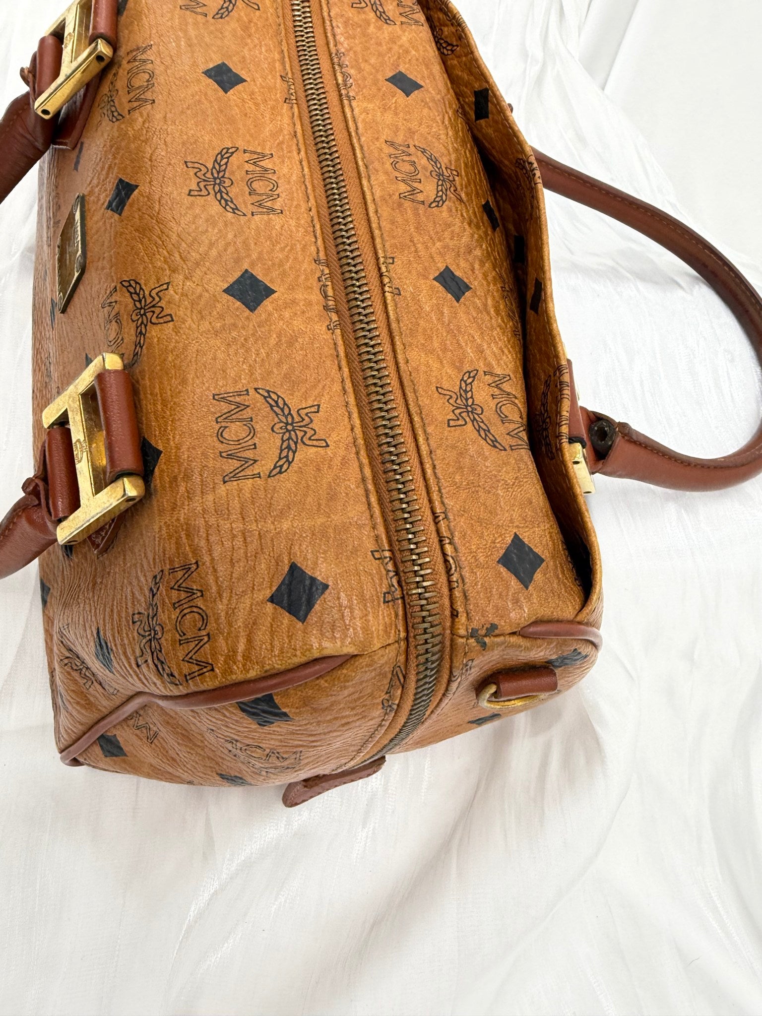 MCM Cognac Visetos Coated Canvas Small Heritage Boston Bag