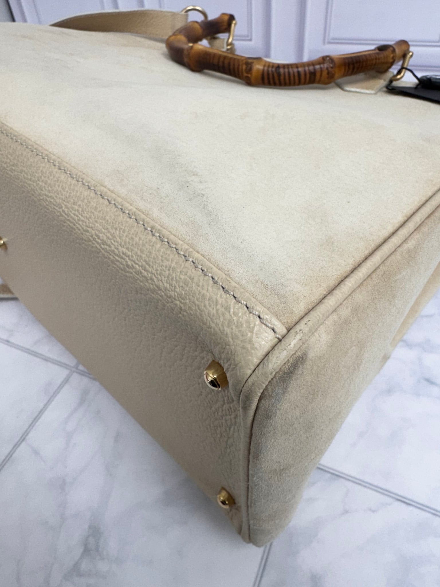 Gucci Beige Suede And Bamboo Top Handle Medium Shopper 2Way Bag