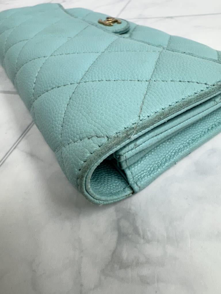 Chanel Light Blue Diamond Quilted Caviar Leather Classic Flap Long Wallet