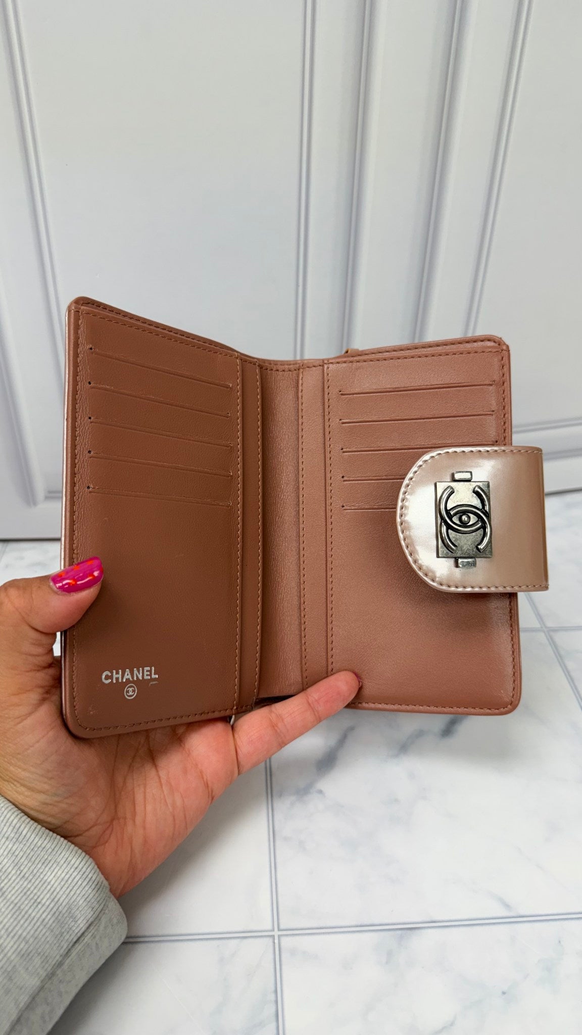 Chanel Pink Patent Leather Boy Compact Wallet