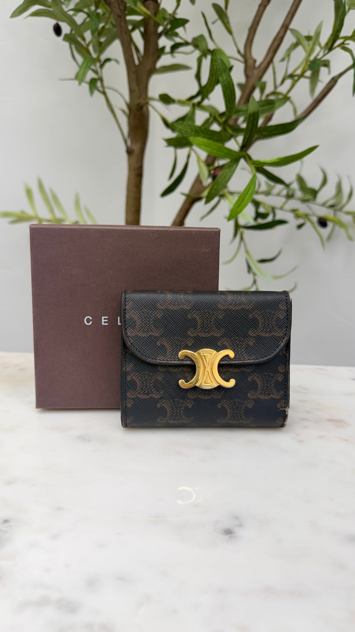 Celine Brown Triomphe Coated Canvas Trifold Wallet