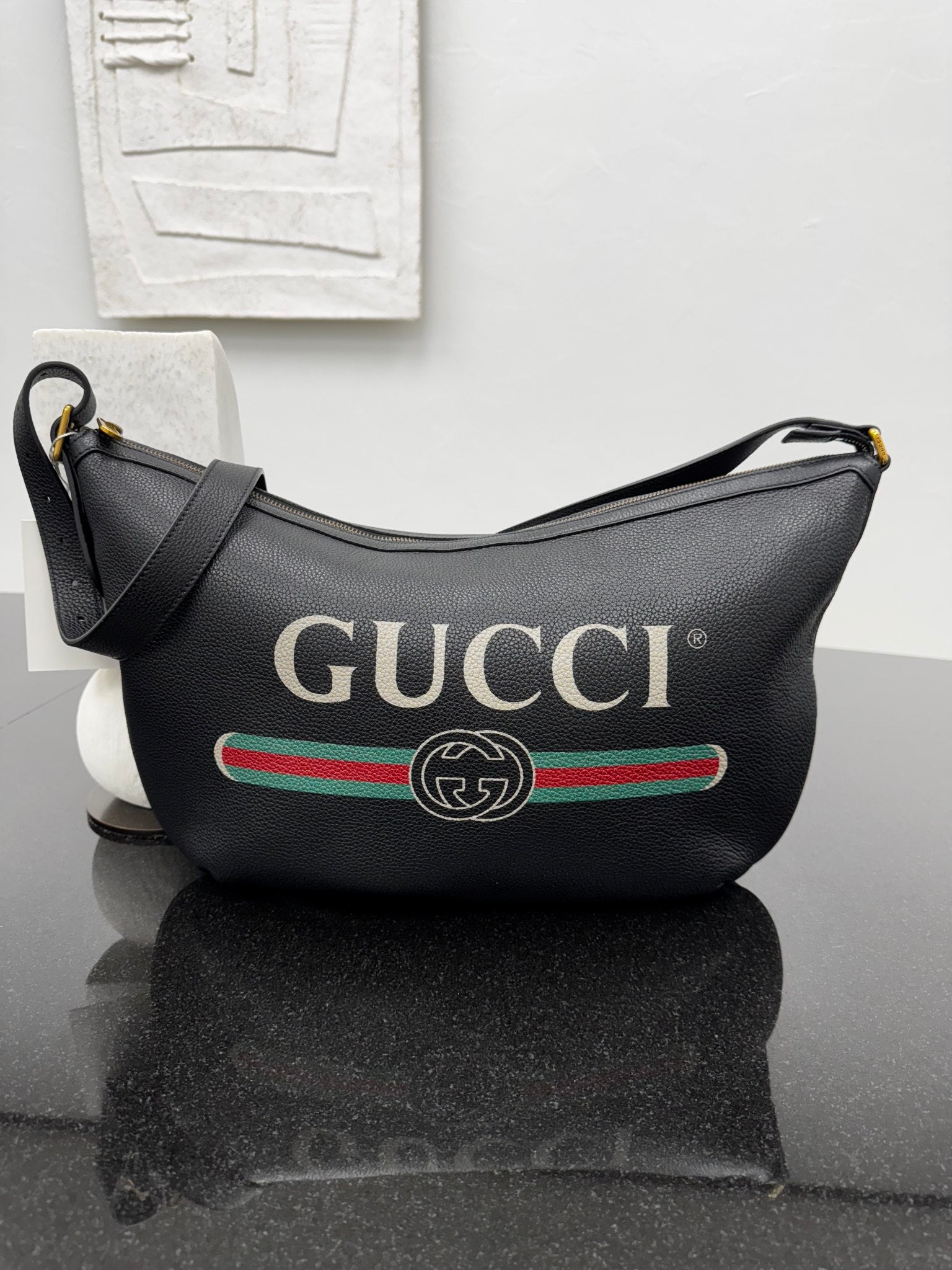 LIKE NEW - Gucci Black Grained Leather Half Moon Hobo Bag