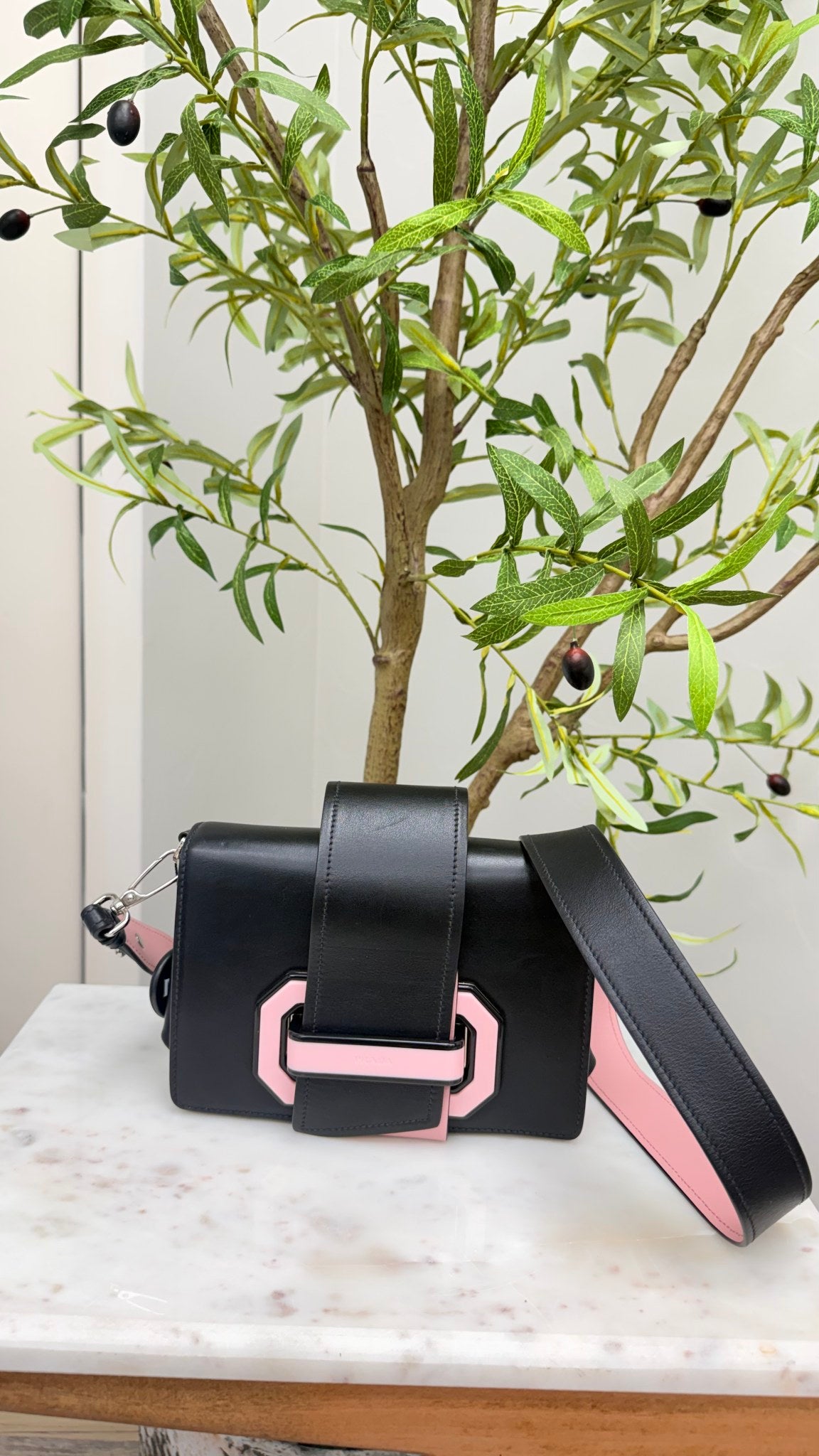 Prada Black And Pink Leather City Plex Ribbon Crossbody Bag