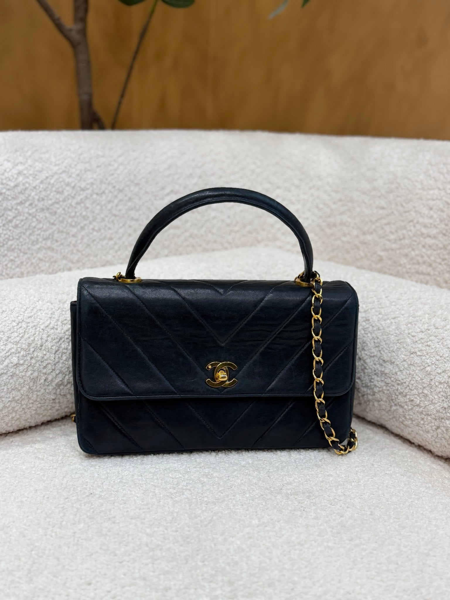 Chanel Black Lambskin Chevron Top Handle Bag