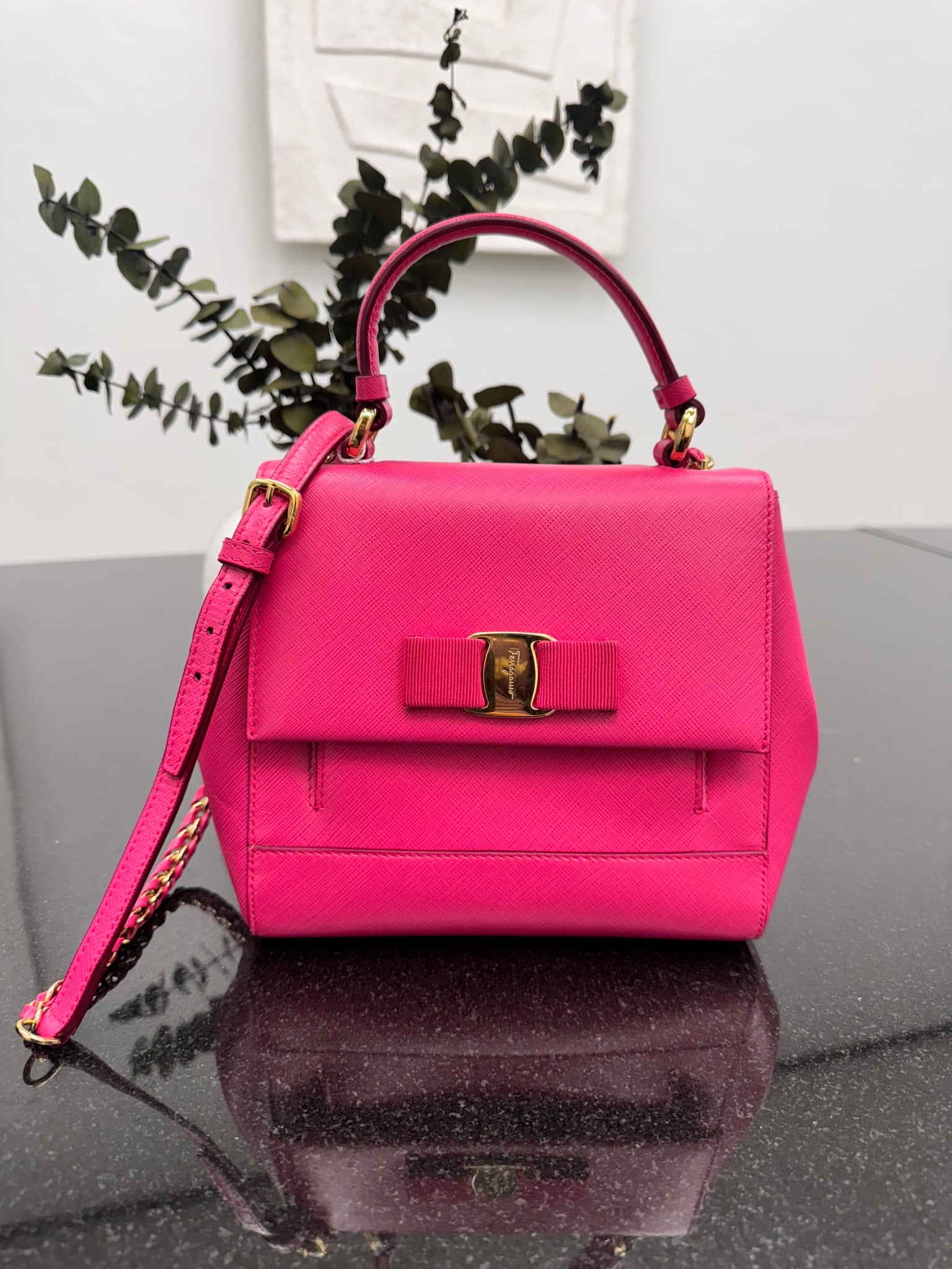 LIKE NEW - Salvatore Ferragamo Pink Saffiano Leather Vara Bow 2Way Bag