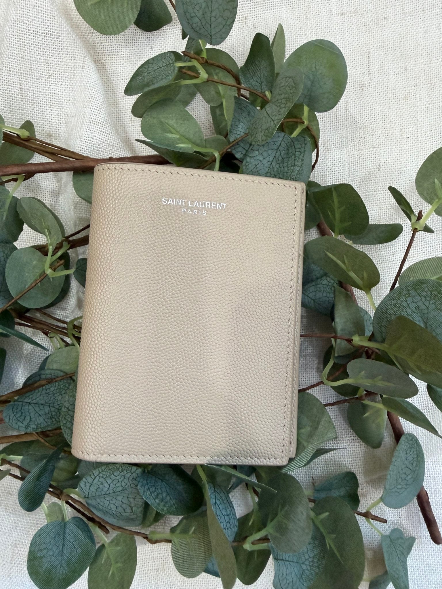 LIKE NEW - Saint Laurent Taupe Grained Leather Tiny Cassandre Wallet