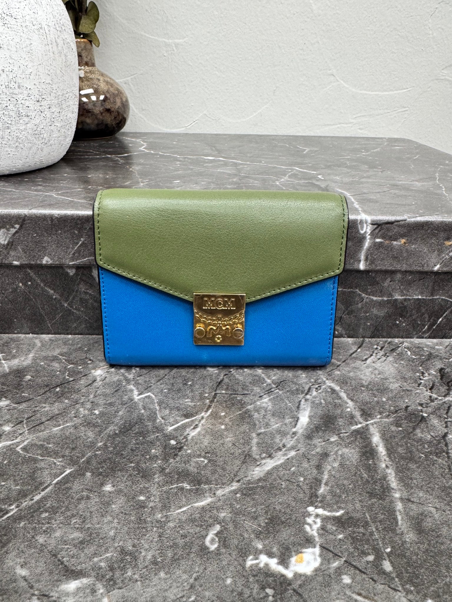 MCM Blue Green Envelope Compact Wallet