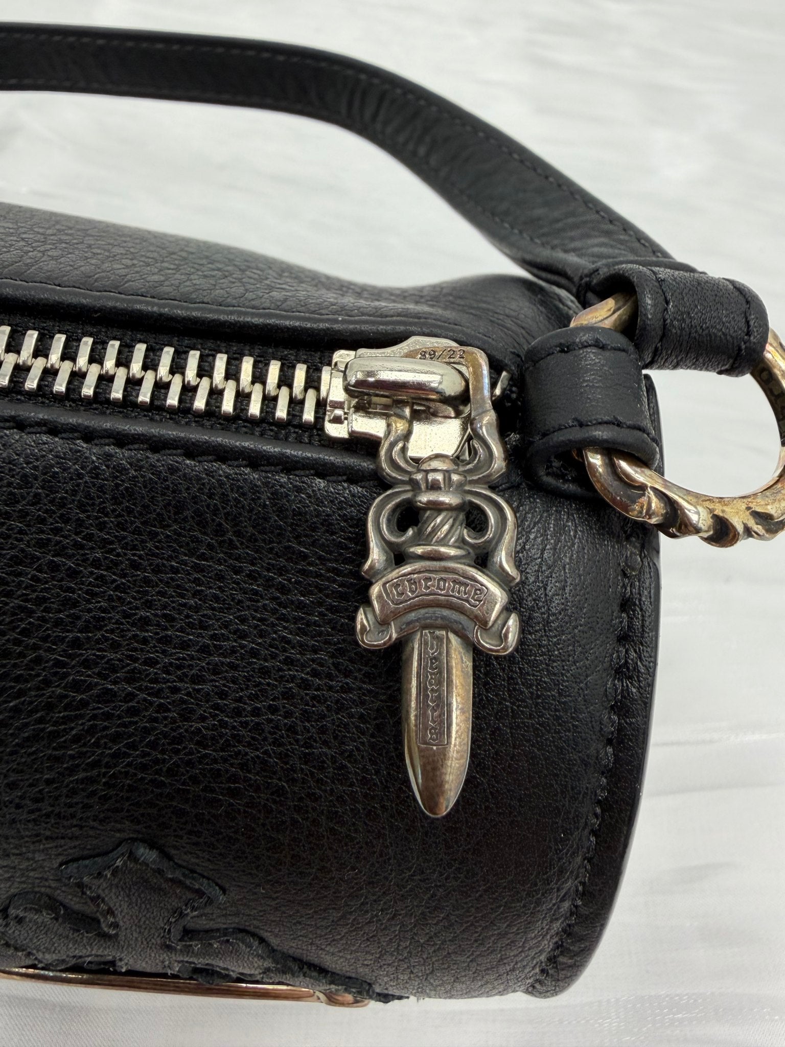 BRAND NEW- Chrome Hearts Black Leather Grinds Cemetery Cross Tube Bag