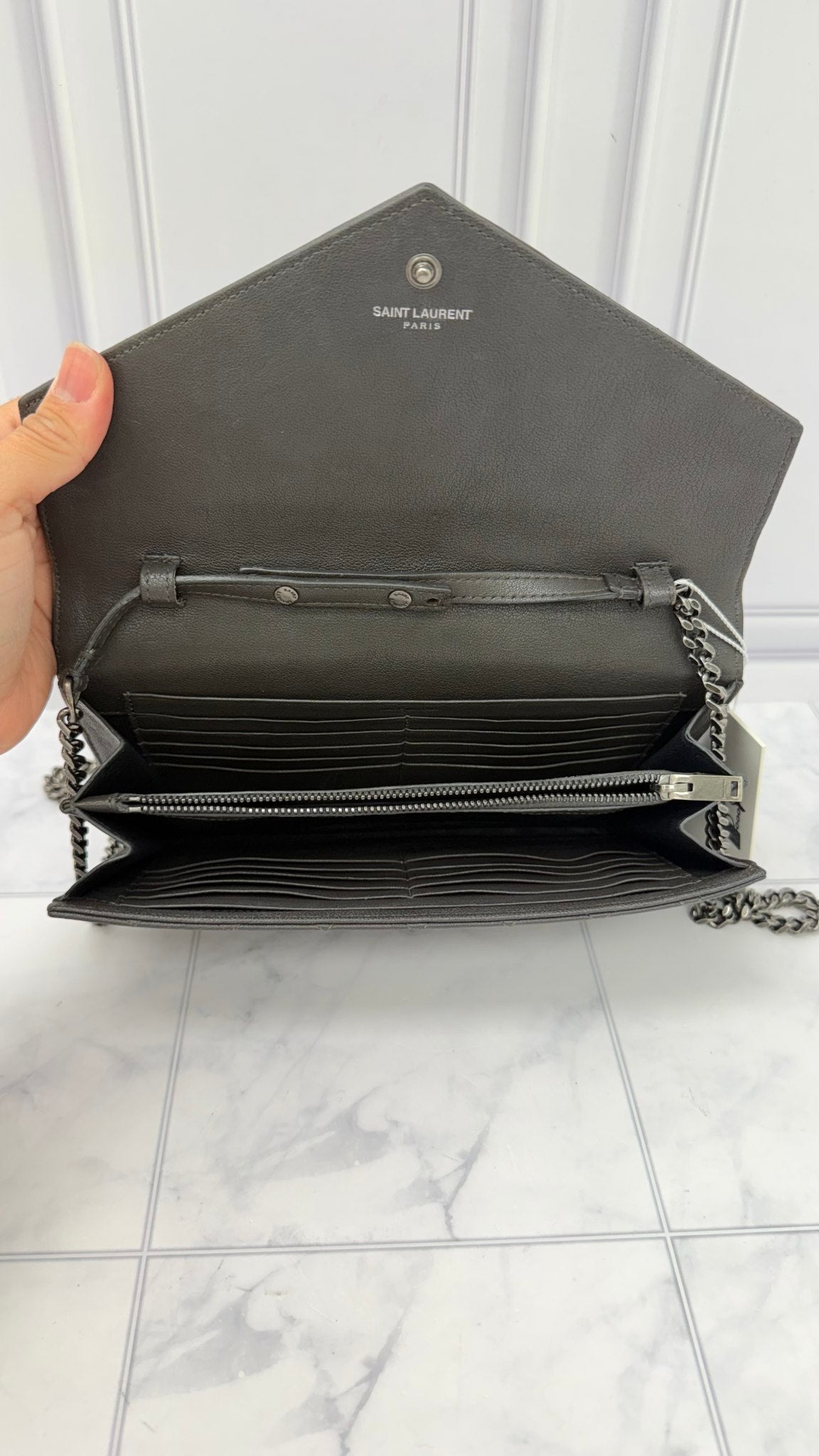 Saint Laurent YSL Grey Grained Leather Envelope Wallet On A Chain