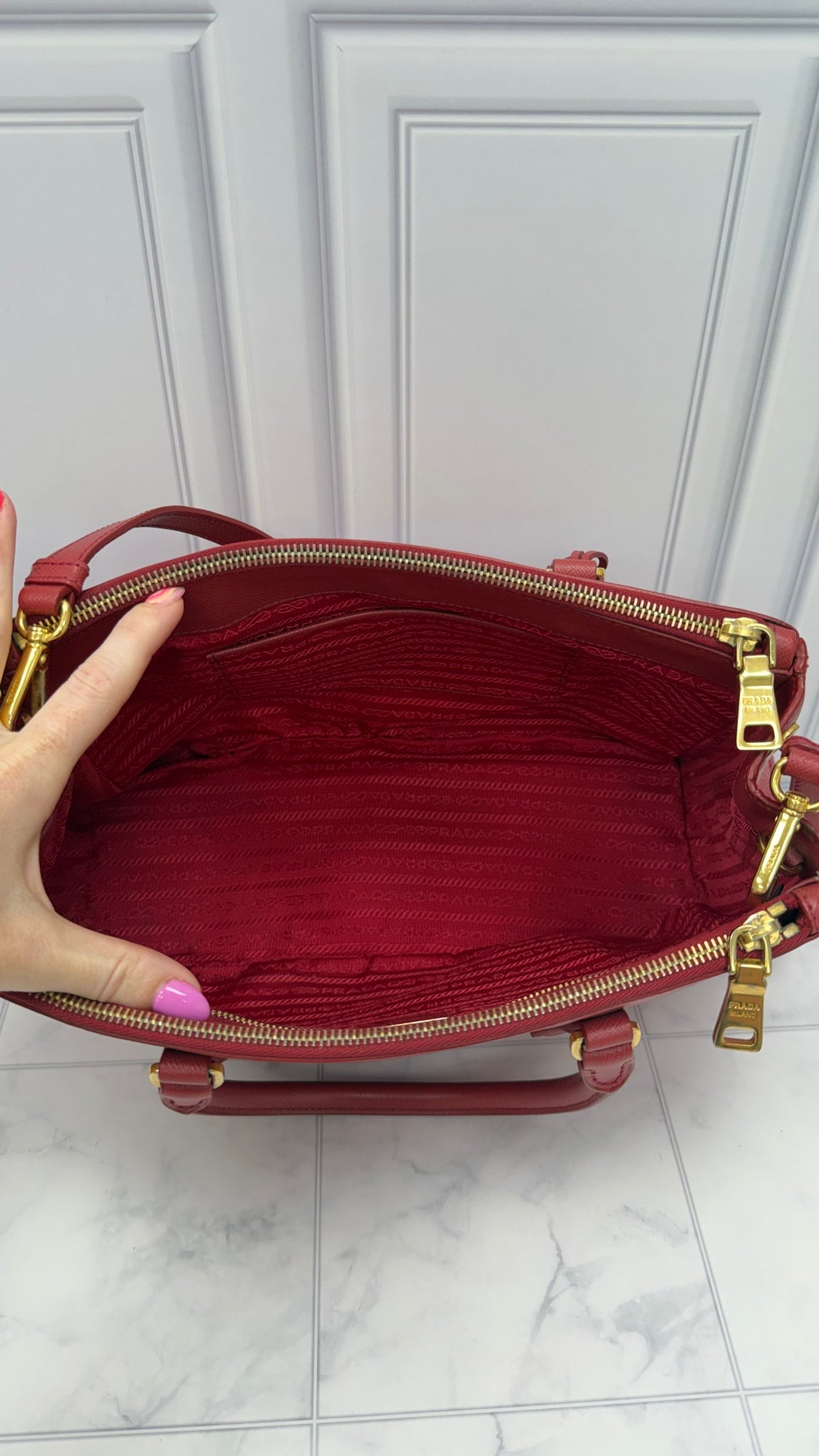 Prada Red Saffiano Leather Small Double Zip Galleria 2way Tote