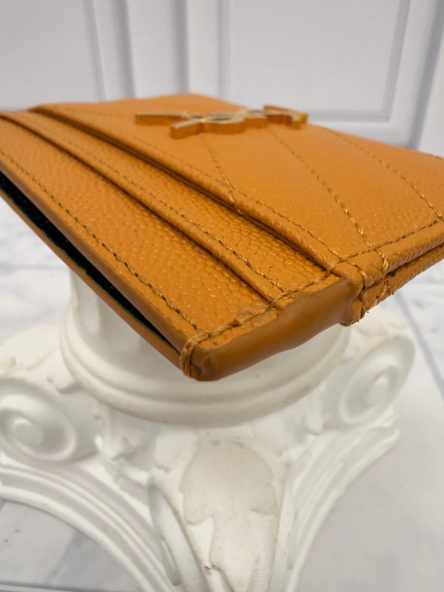 LIKE NEW - Saint Laurent YSL Mustard Grain De Poudre Leather Cassandre Matelasse Card Case