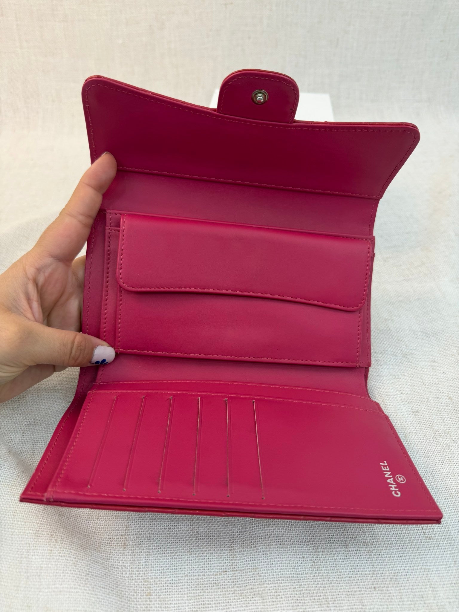 Chanel Pink Patent Leather Quilted Wave Long Wallet