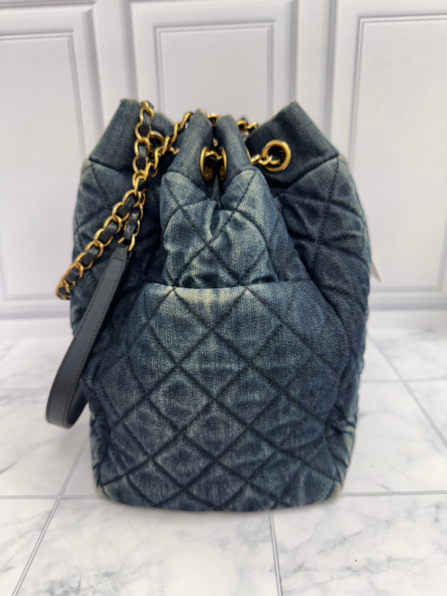 Chanel Quilted Denim Drawstring Bucket Bag
