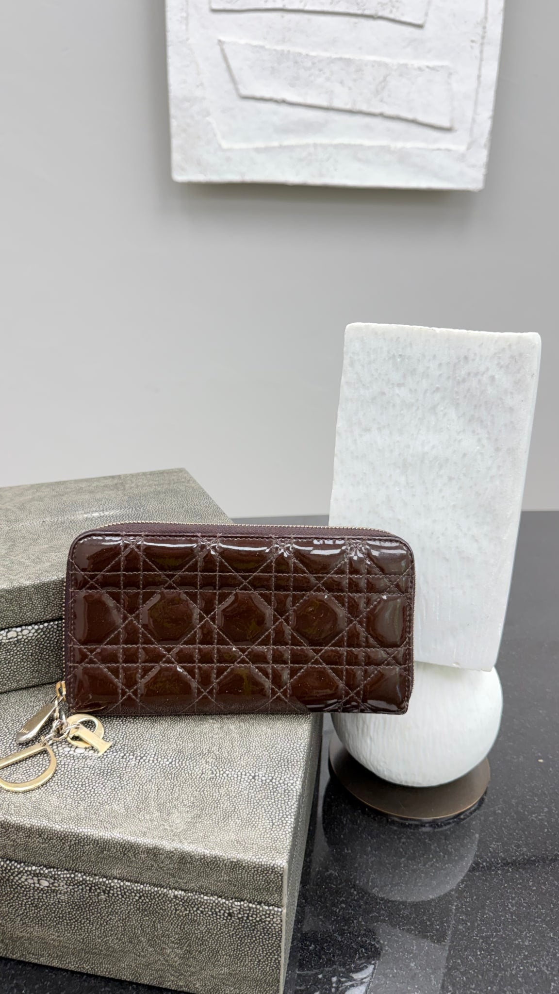 Christian Dior Brown Cannage Patent Leather Lady Dior Zippy Wallet