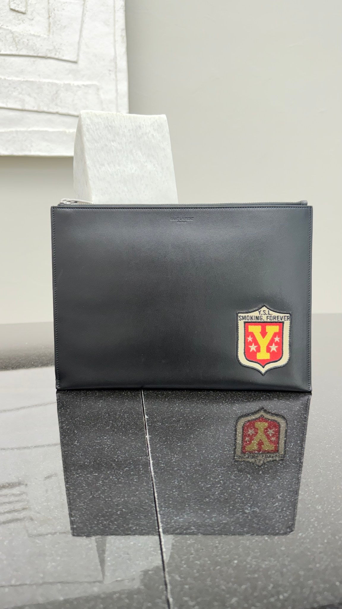 Saint Laurent YSL Black Leather "Paris Smoking Forever" Pouch