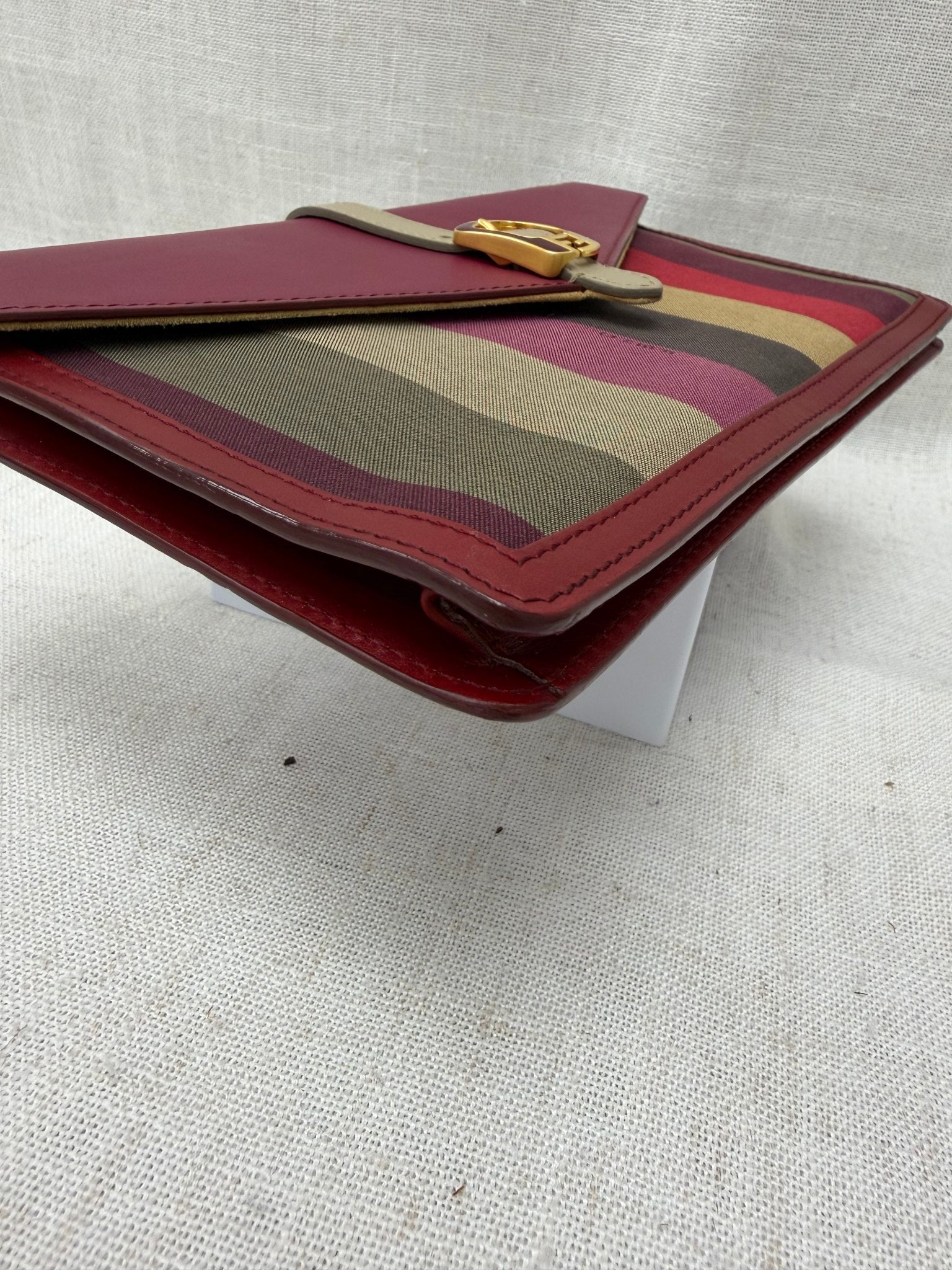 Fendi Magenta Leather & Pequin Canvas Envelope Clutch