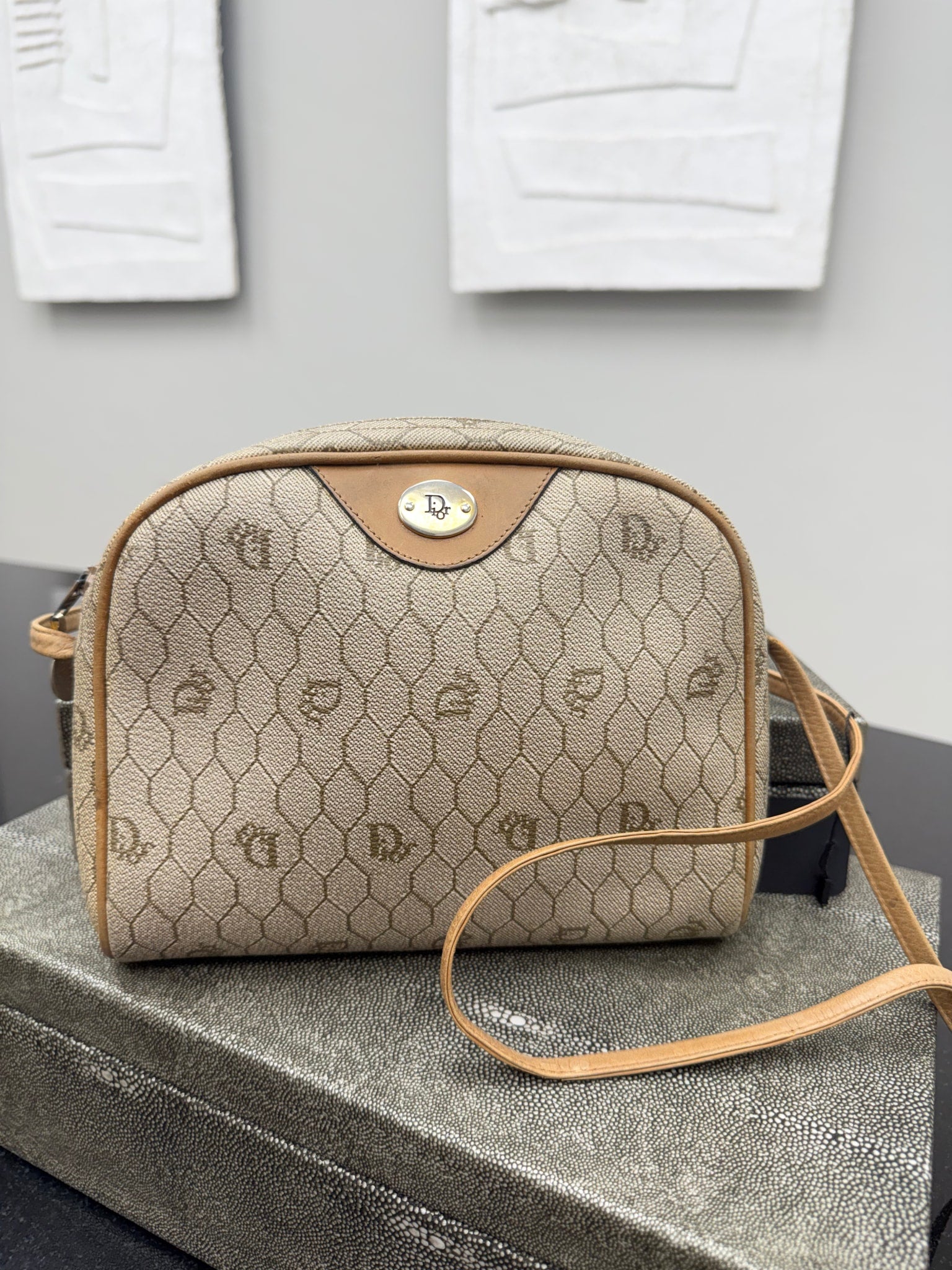 Christian Dior Beige Canvas Honeycomb Shoulder Bag