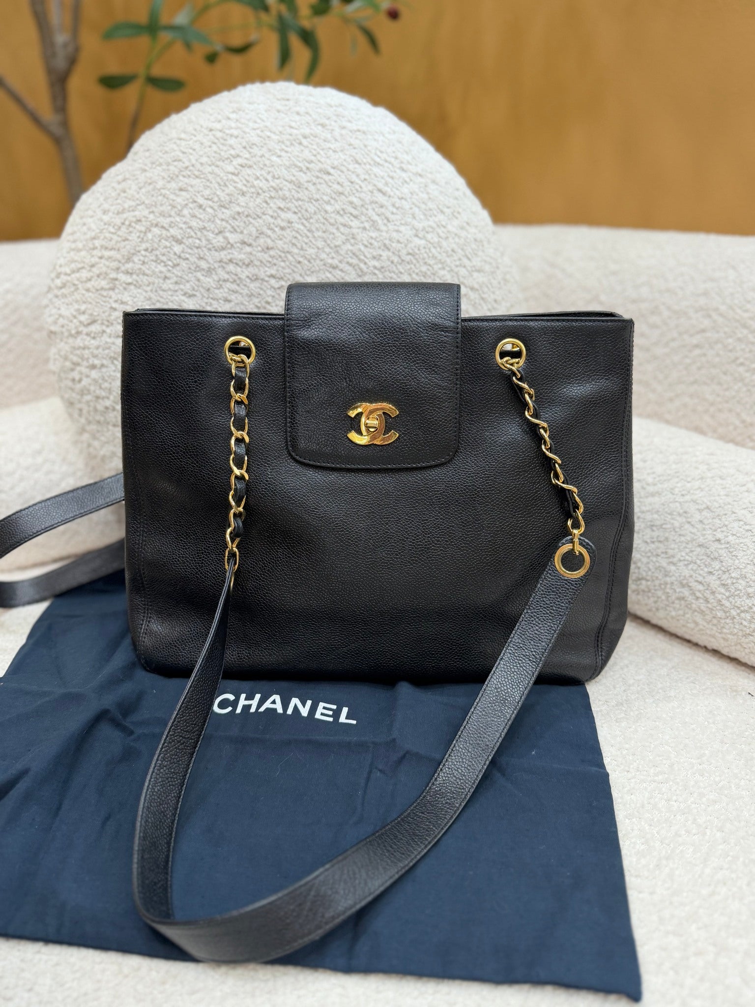 Chanel Black Caviar Leather 24K Chain Shoulder Tote