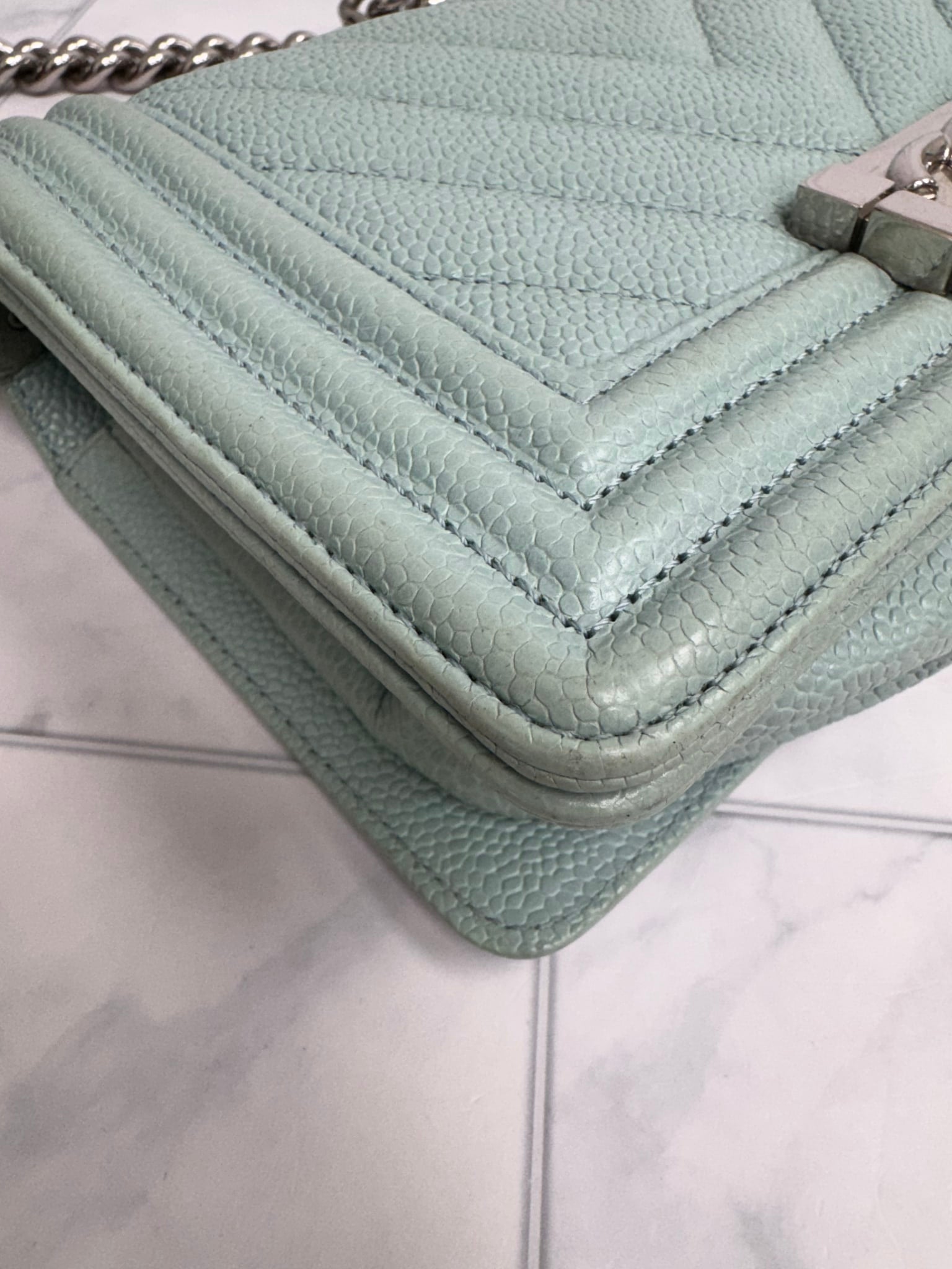 Chanel Blue Chevron Quilted Caviar Leather Small Boy Flap Crossbody Bag