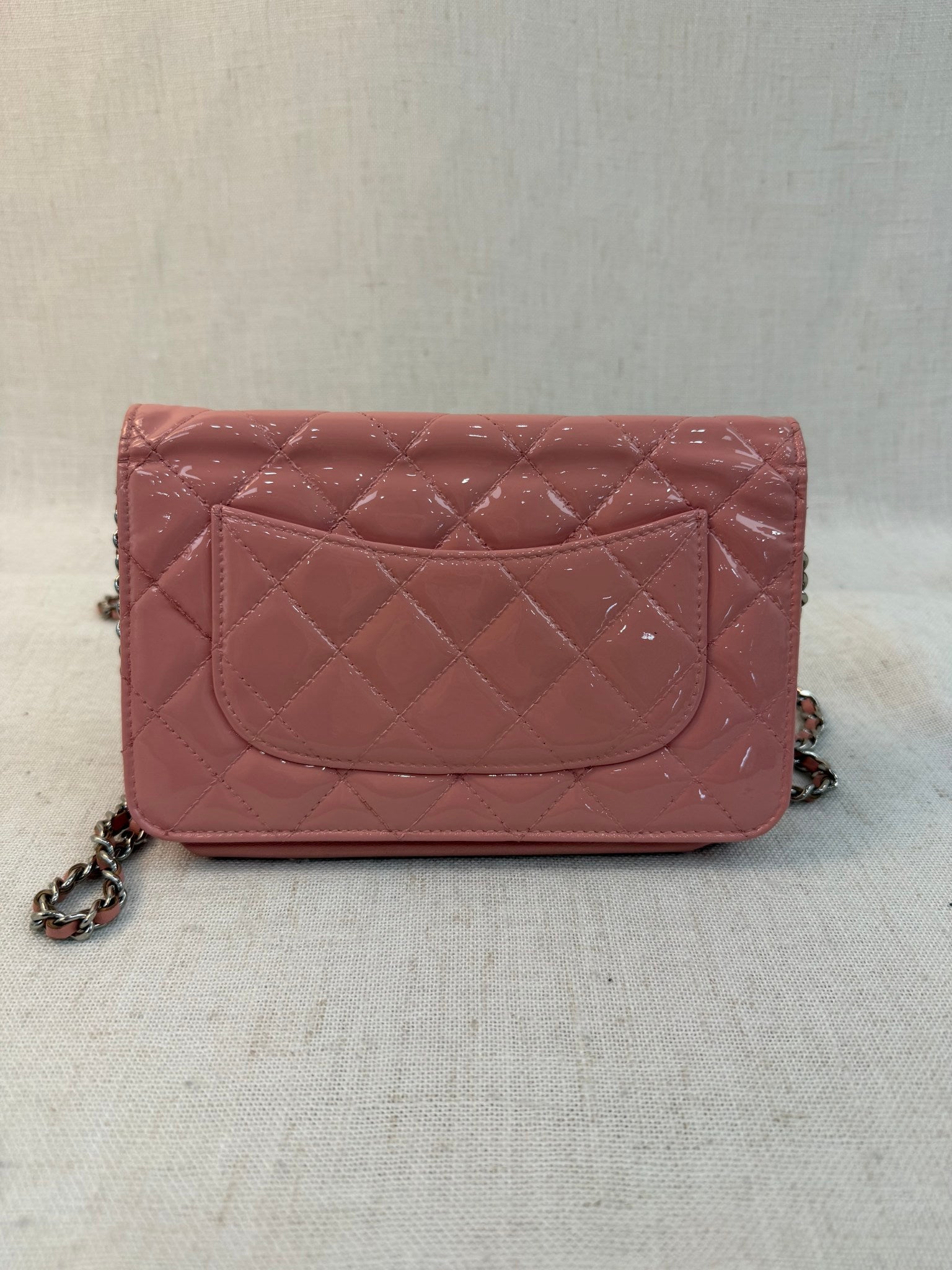 Chanel Pink Patent Leather Wallet On Chain