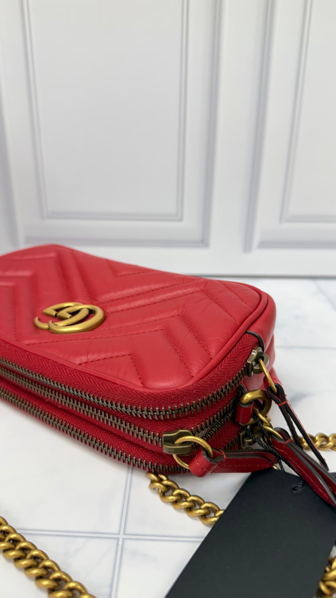 Gucci Red Leather GG Marmont Mini Camera Bag