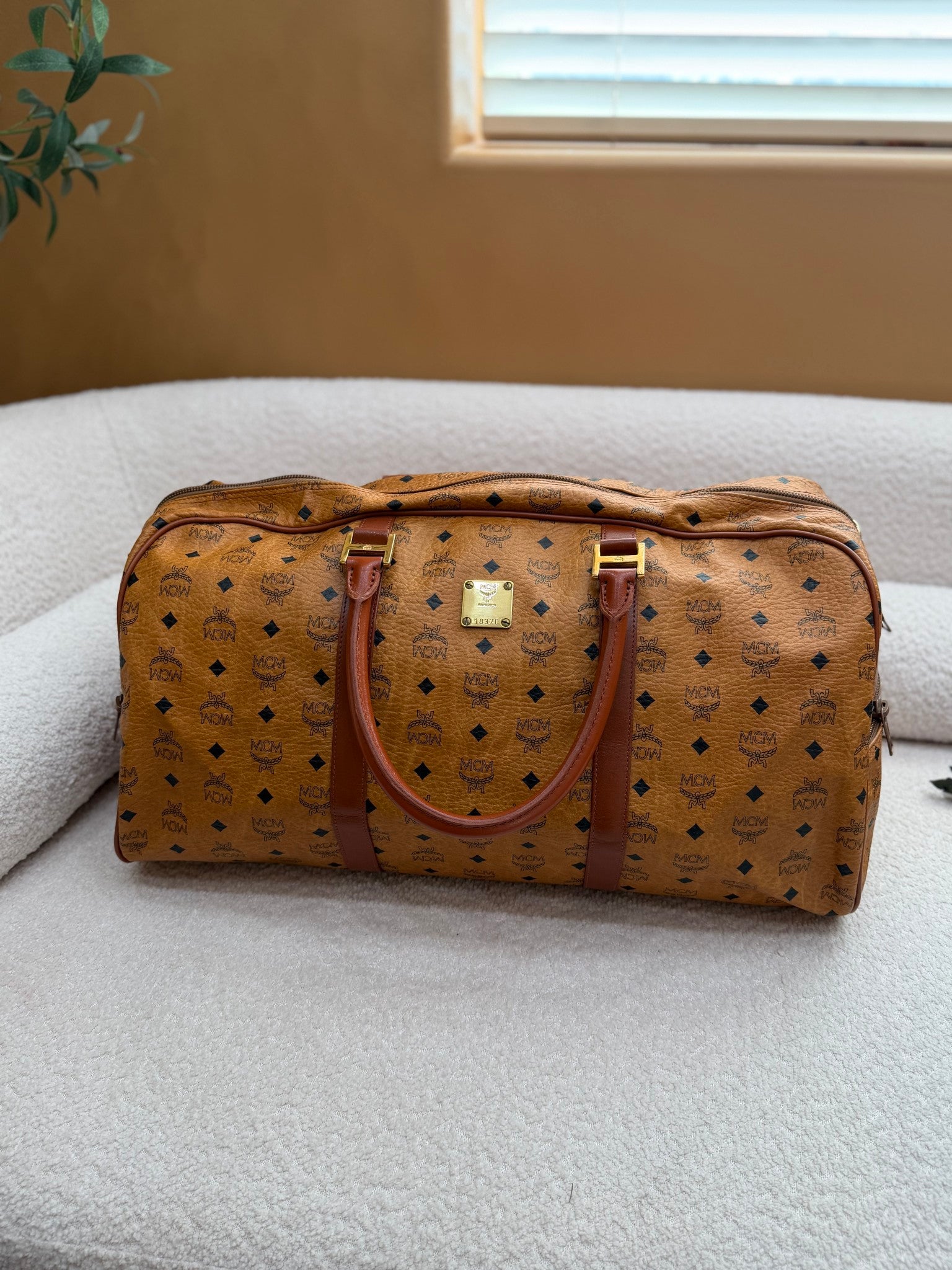 MCM Cognac Visetos Coated Canvas Duffle Bag
