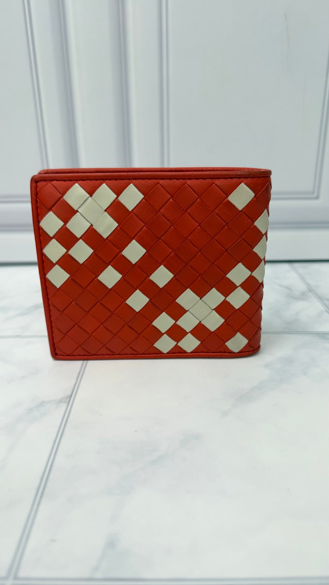 Bottega Veneta Orange And Cream Intrecciato Leather Bifold Wallet