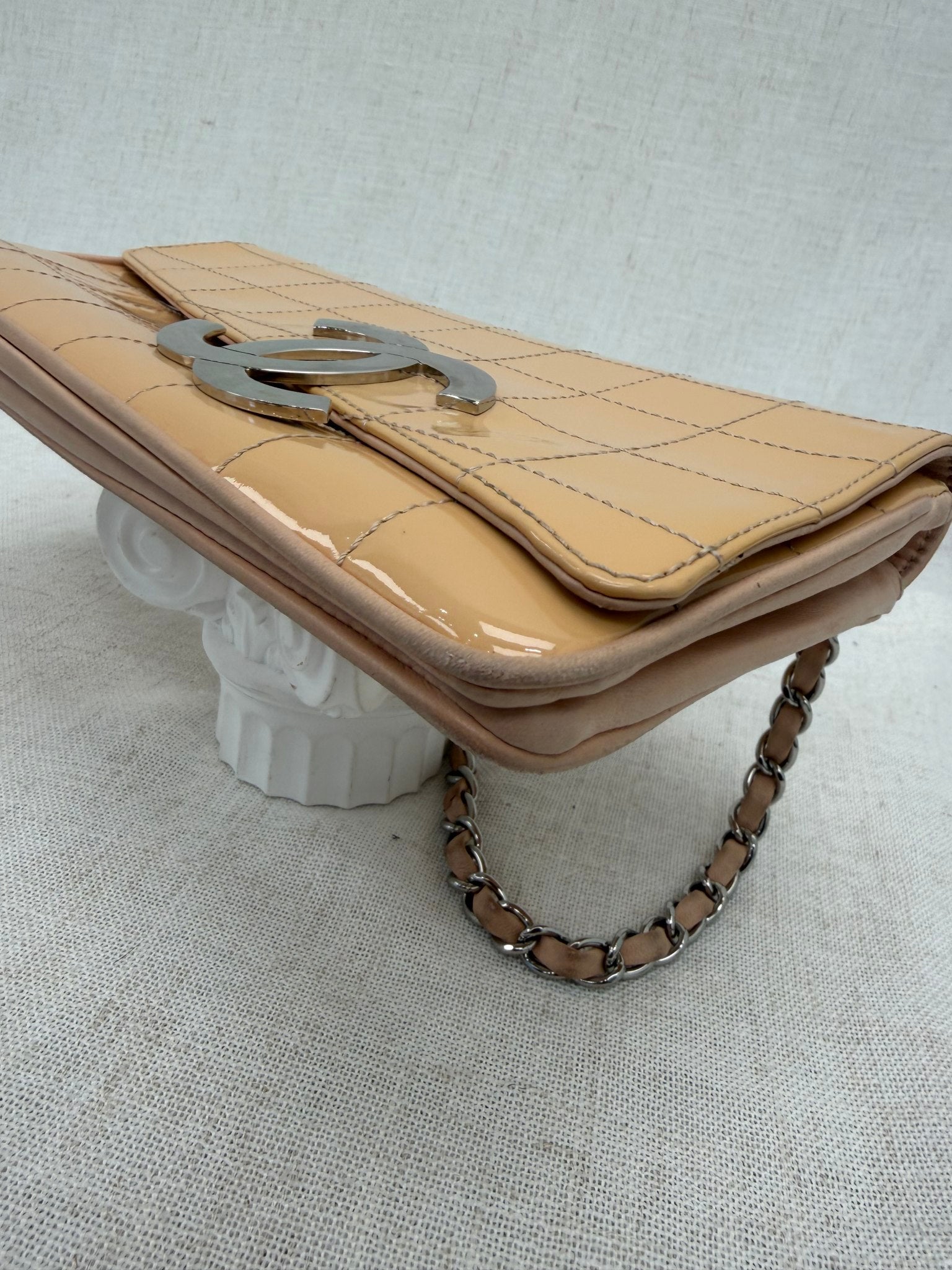 Chanel Peach Patent Leather East West Chocolate Bar Bag