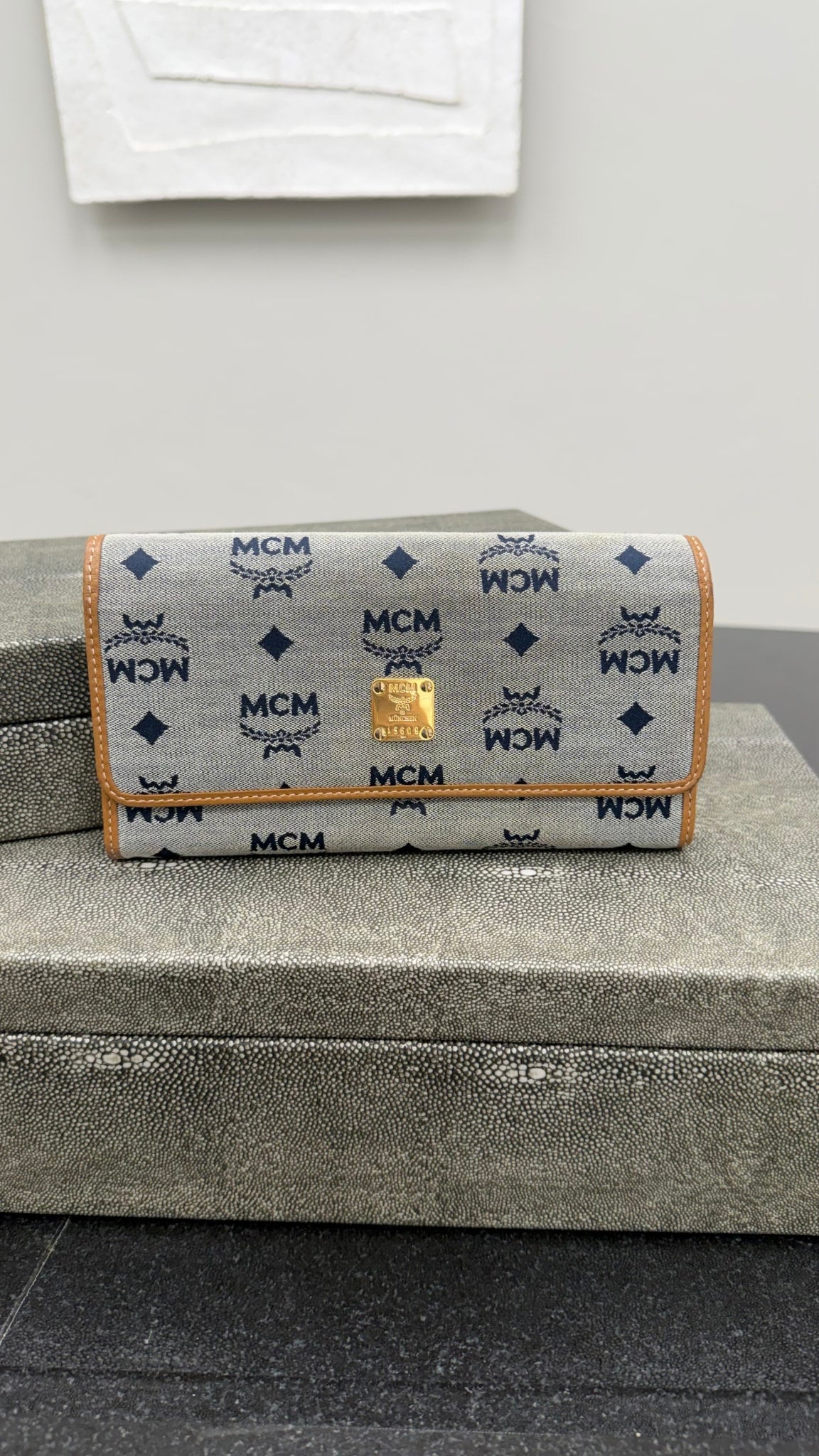 MCM Blue Denim & Brown Leather Long Wallet