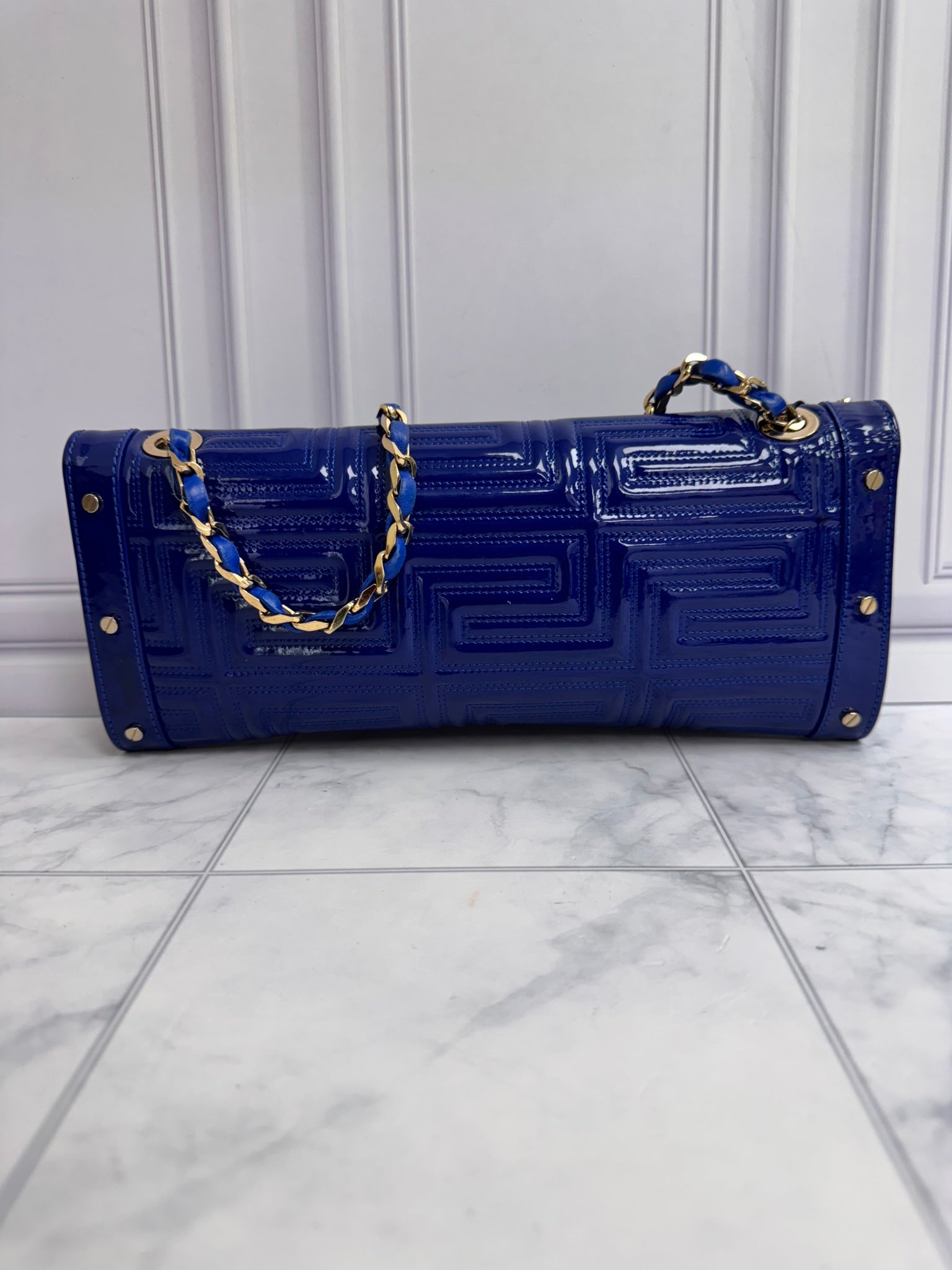 Versace Blue Quilted Patent Leather Flap Chain Shoulder Bag
