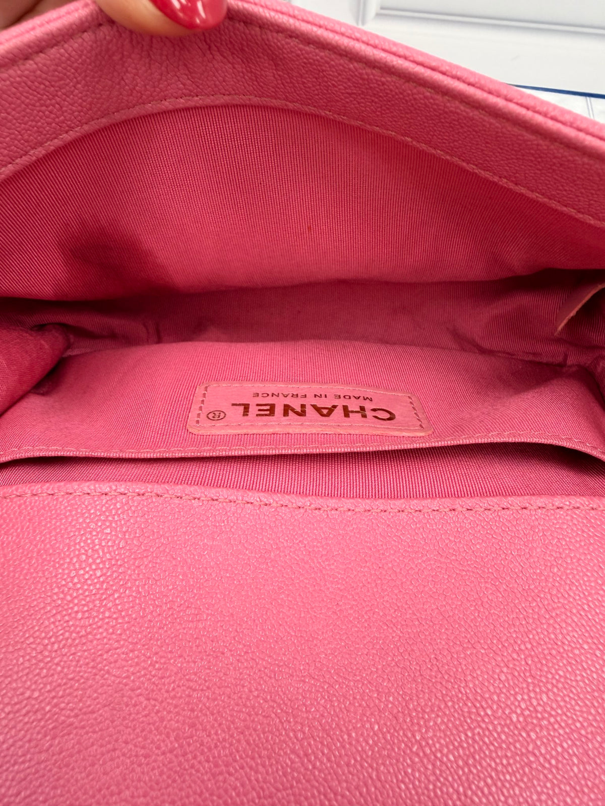 Chanel Pink Chevron Quilted Caviar Leather Boy Flap Bag