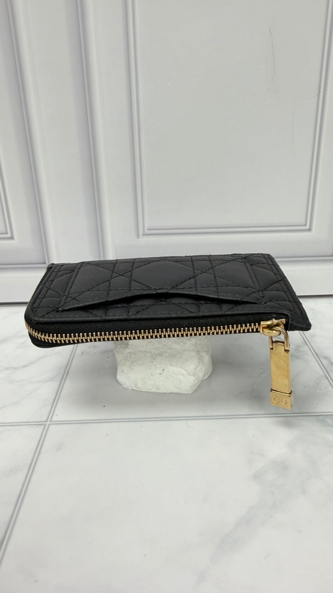 Christian Dior Black Leather Lady Dior Cosmos Zippy Card Case