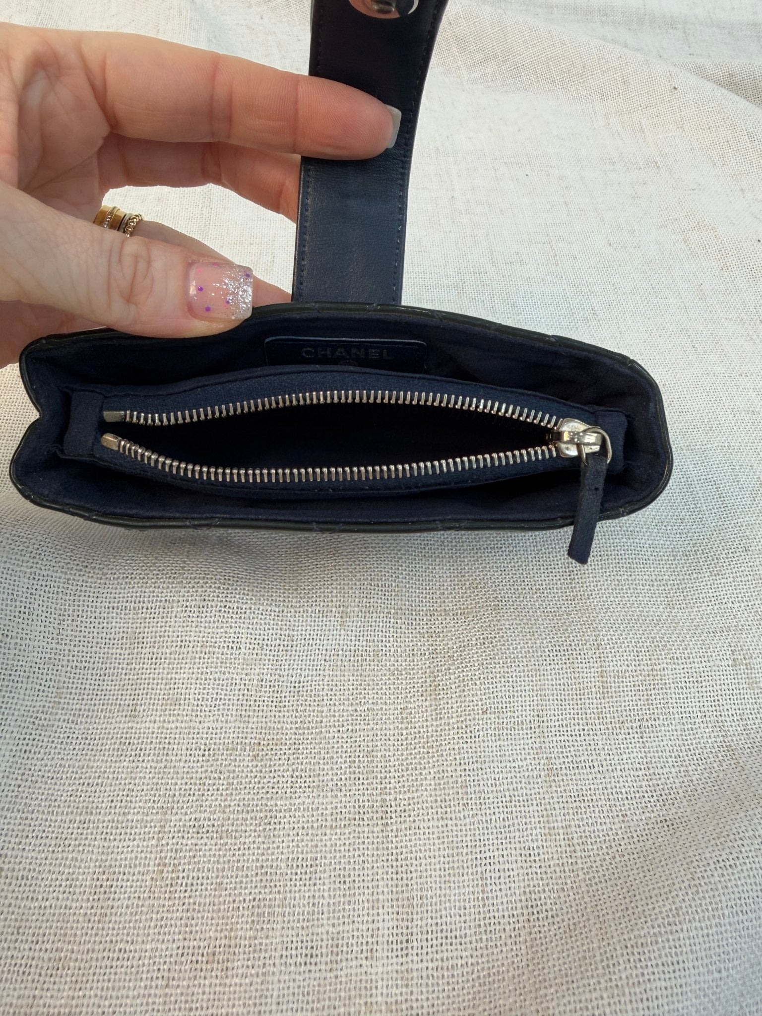 Chanel Navy Patent Leather Quilted Wallet Pouch