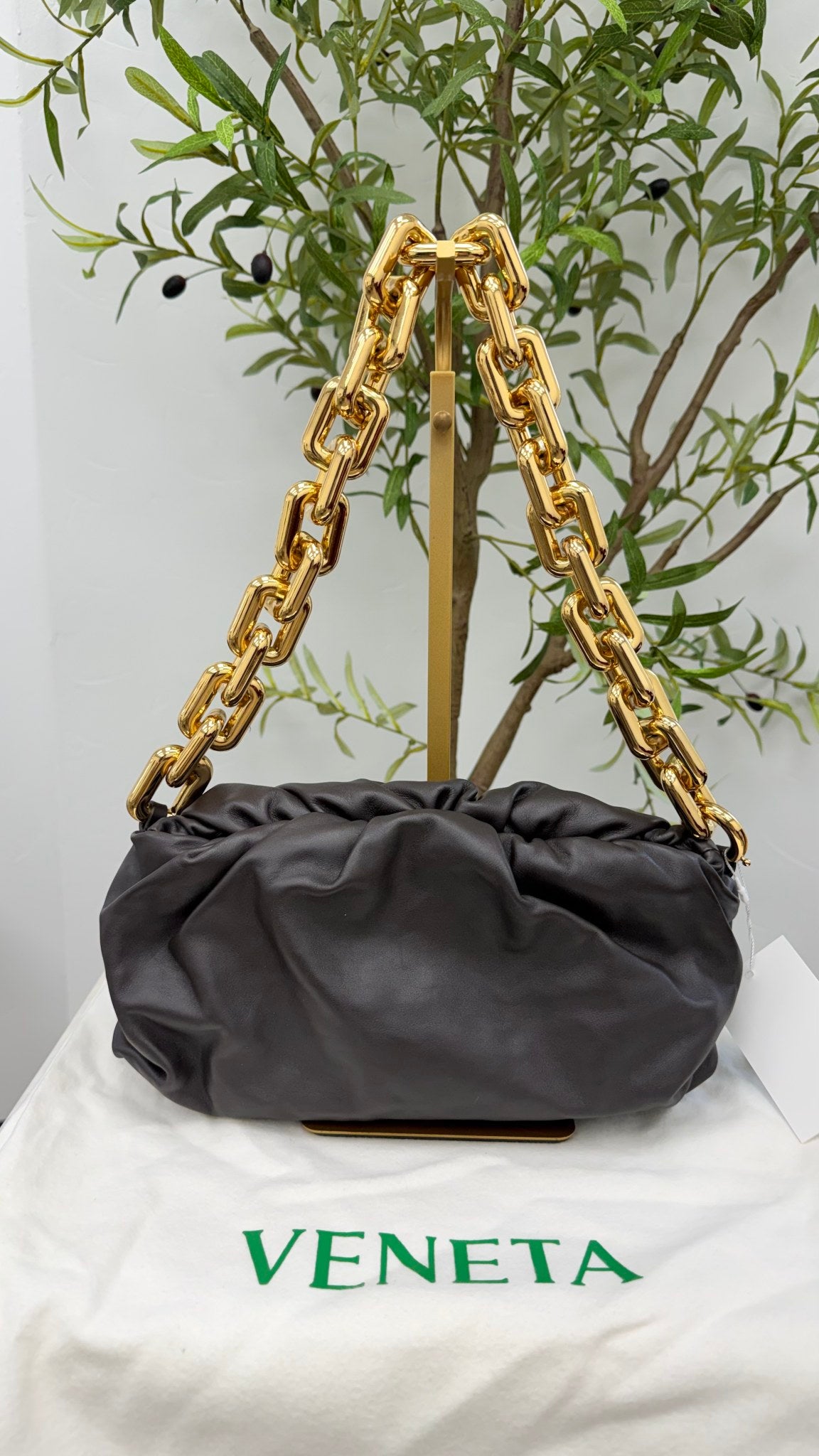 LIKE NEW - Bottega Veneta Brown Lambskin Leather The Chain Pouch Shoulder Bag