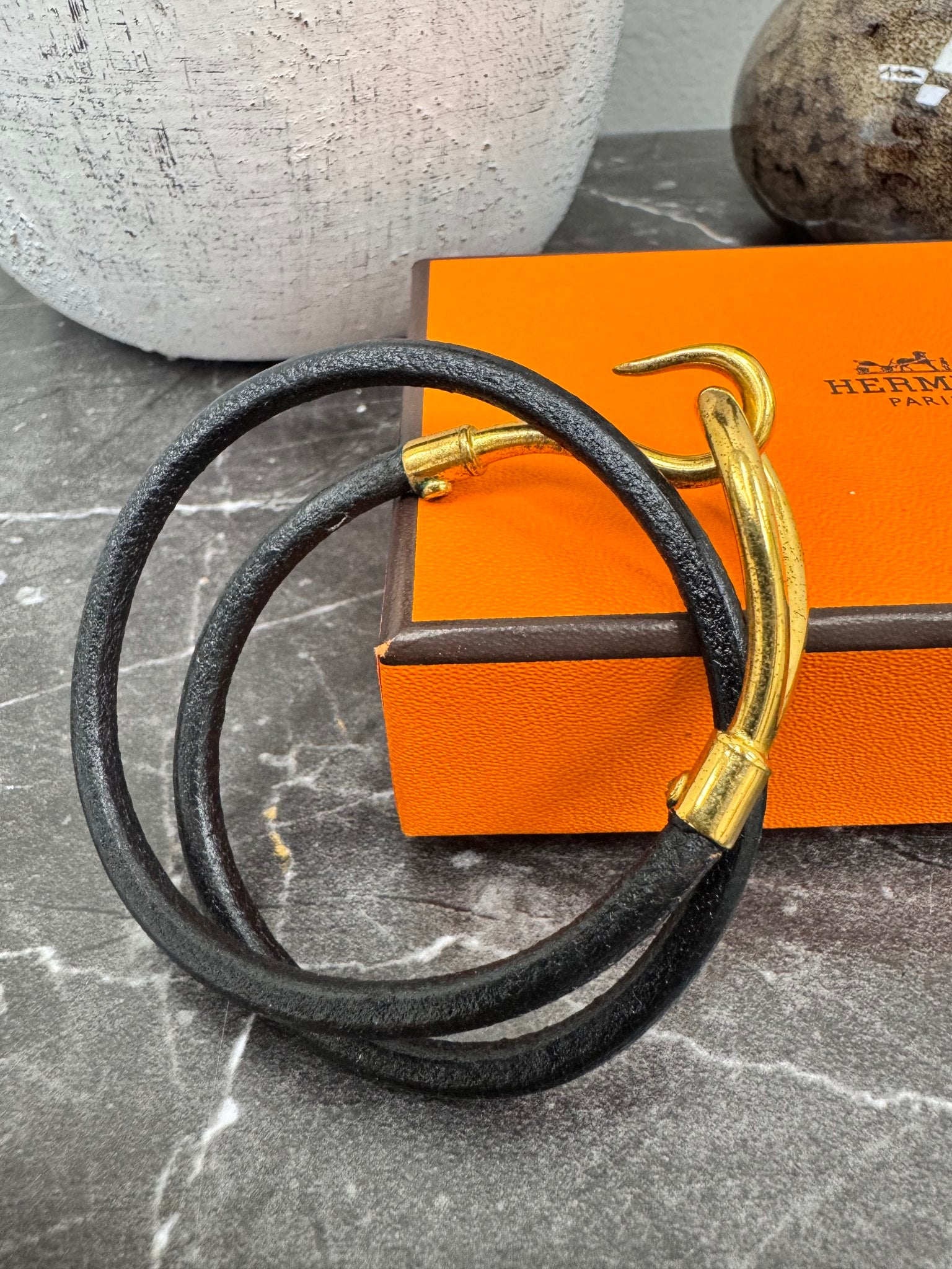 Hermes Black Leather And Gold Jumbo Hook Double Tour Bracelet