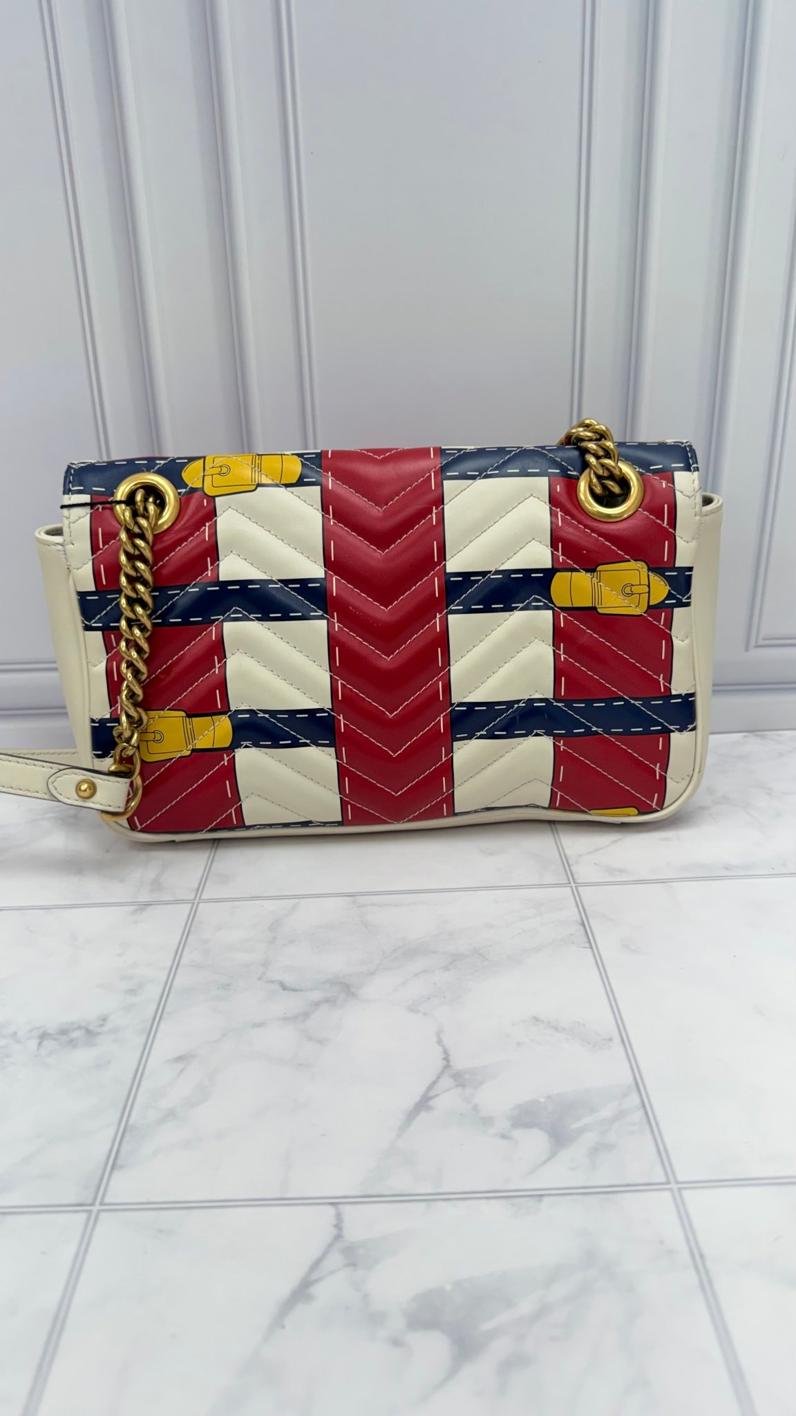 Gucci Mutlicolor Buckle Printed Leather Small Marmont Flap Bag