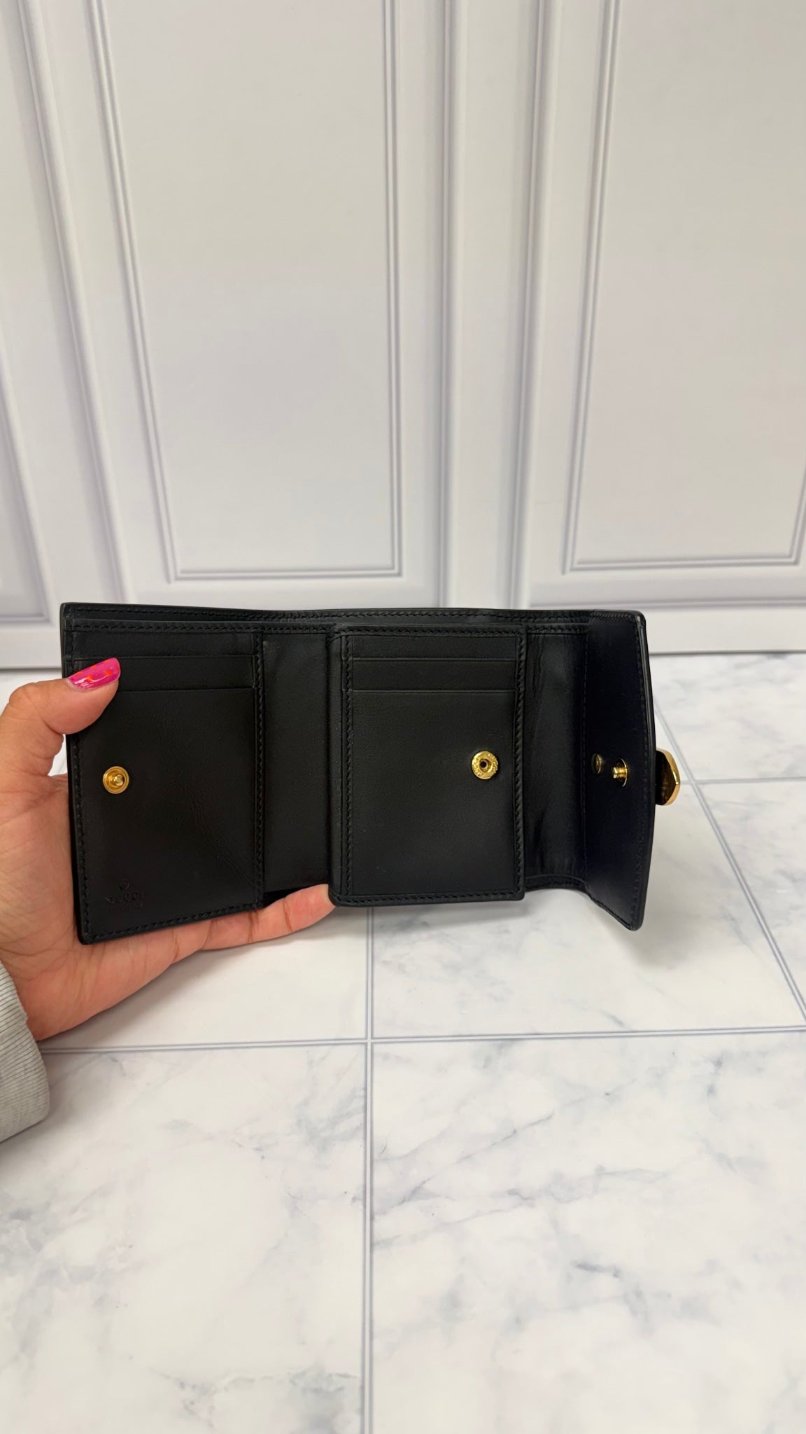 Gucci Black Leather Web Sylvie Compact Trifold Wallet
