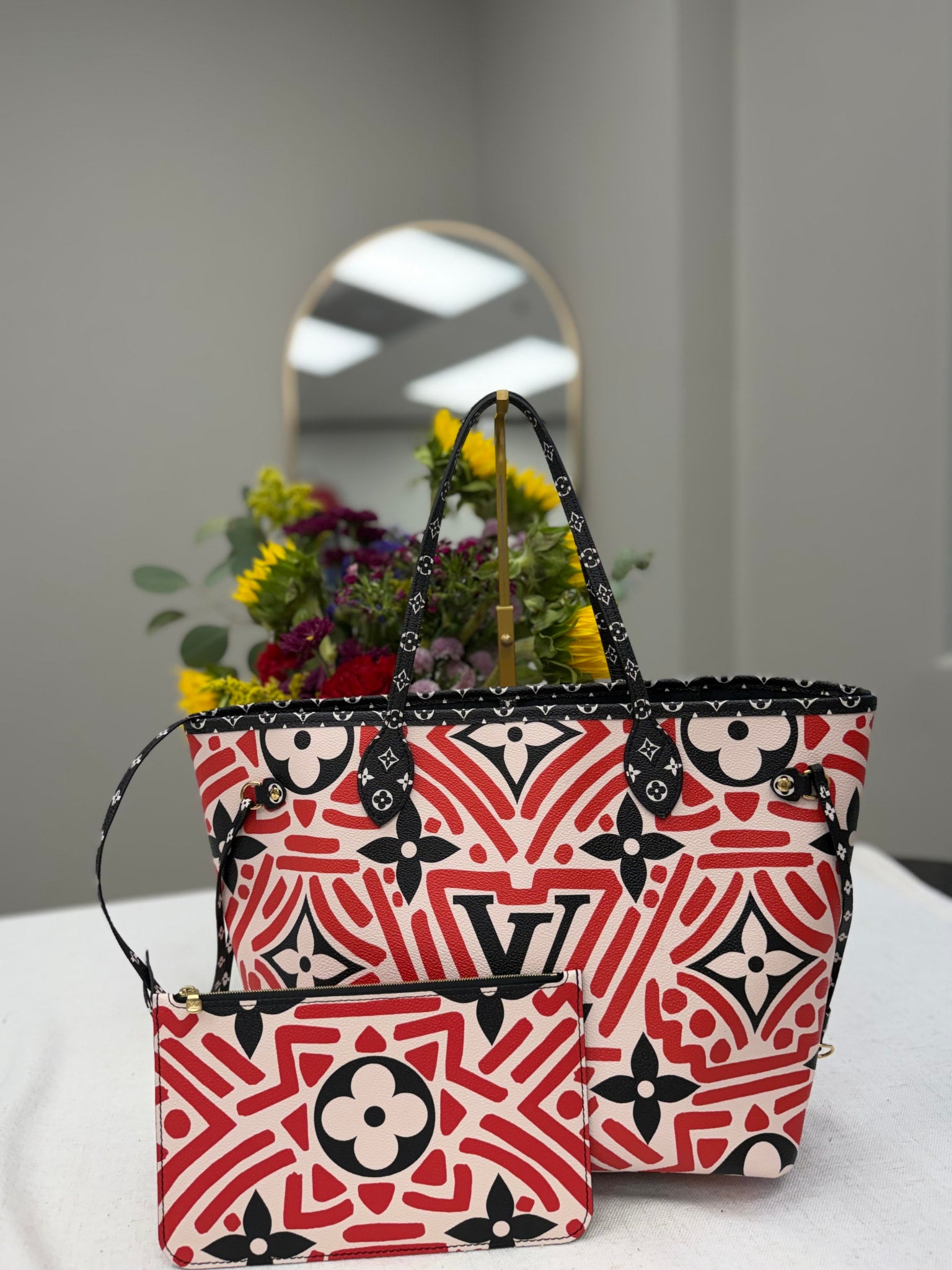 LIKE NEW - Louis Vuitton Red Black And White Giant Monogram Crafty Neverfull Tote Bag