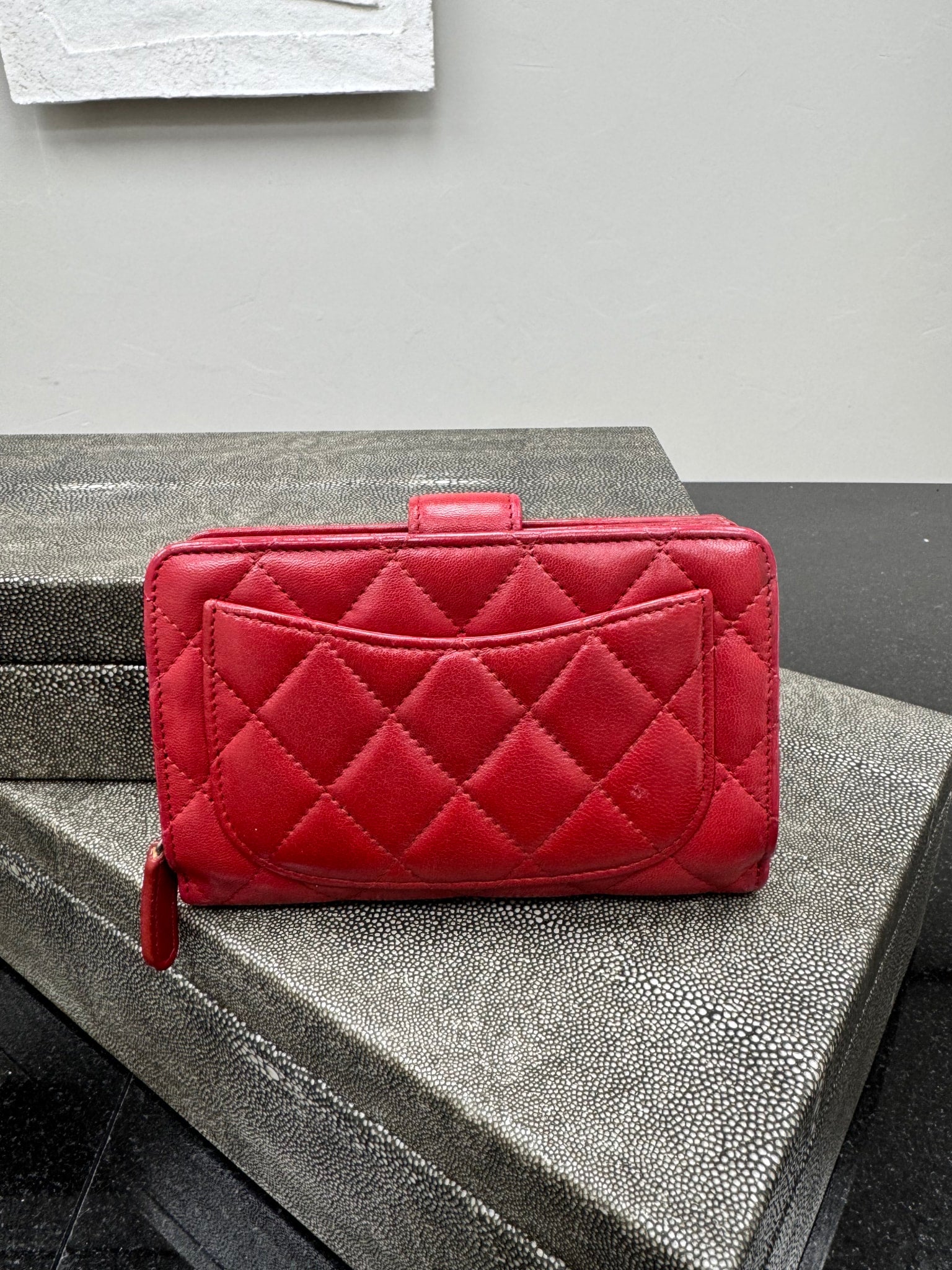 Chanel Red Quilted Lambskin Leather Compact French Wallet