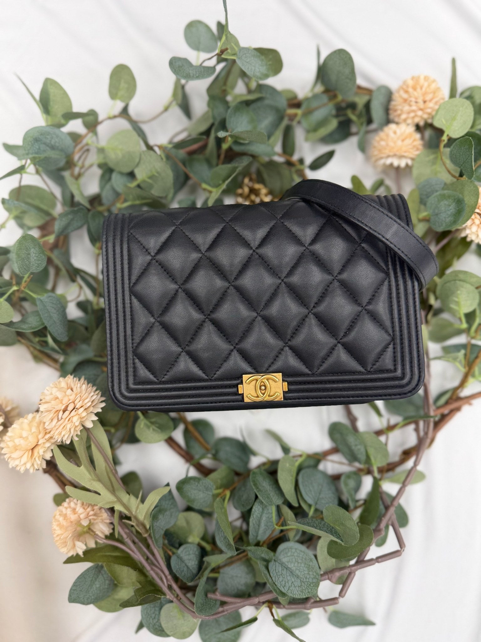 Chanel Black Lambskin Leather Boy Wallet On A Chain