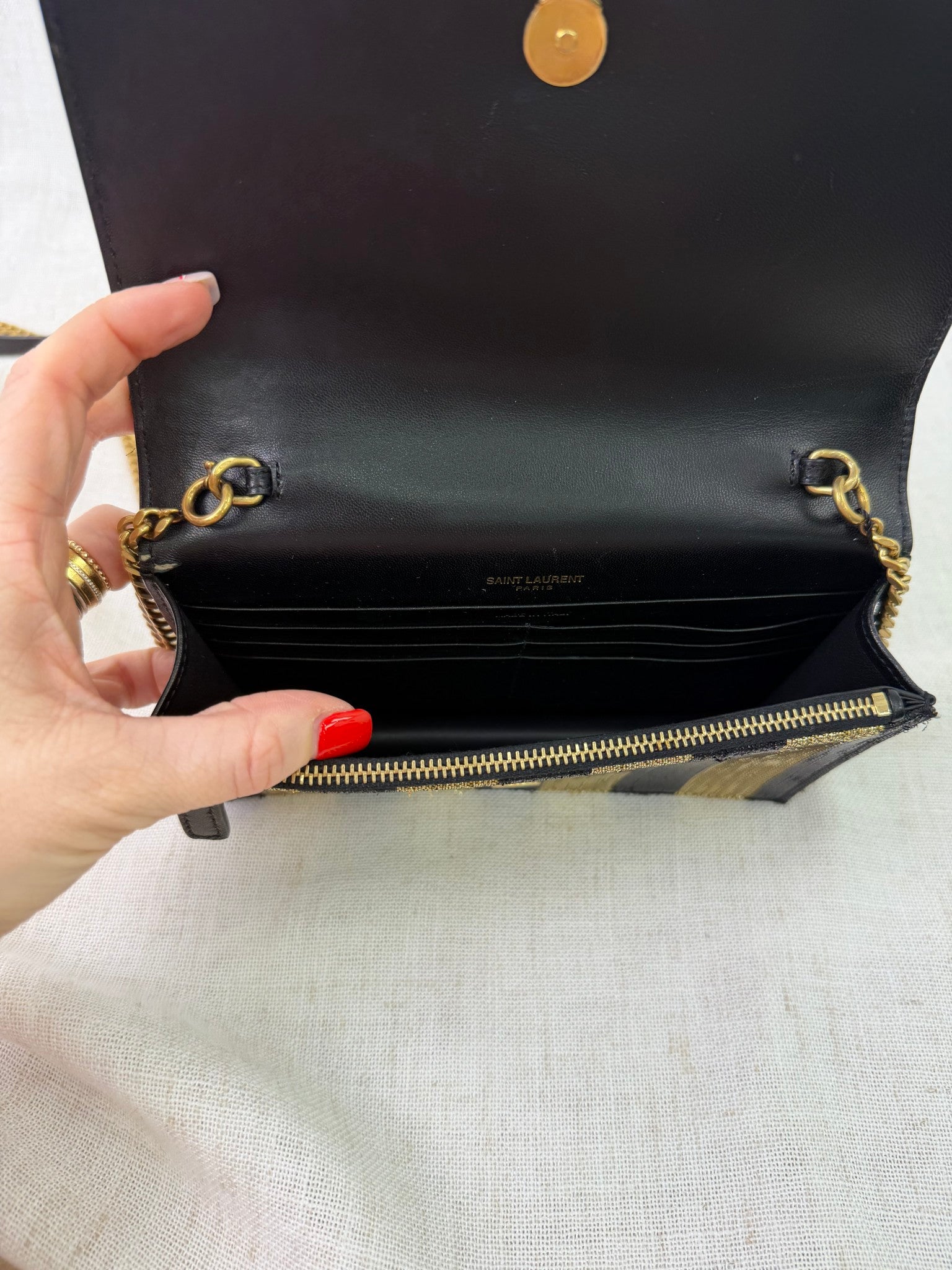 YSL Saint Laurent Black And Gold Kate Striped Bag