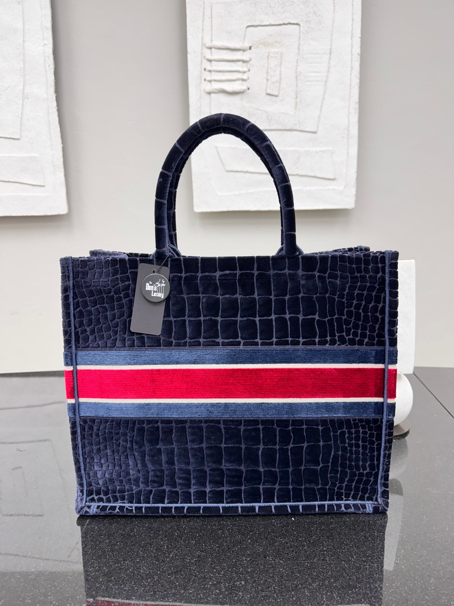 Christian Dior Navy Blue Croc Embossed Velvet Large Book Tote Bag