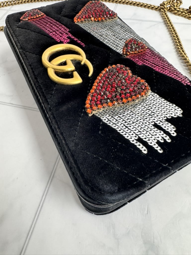 Gucci Marmont Black Chevron Quilted Velvet Embellished Hearts Wallet On A Chain