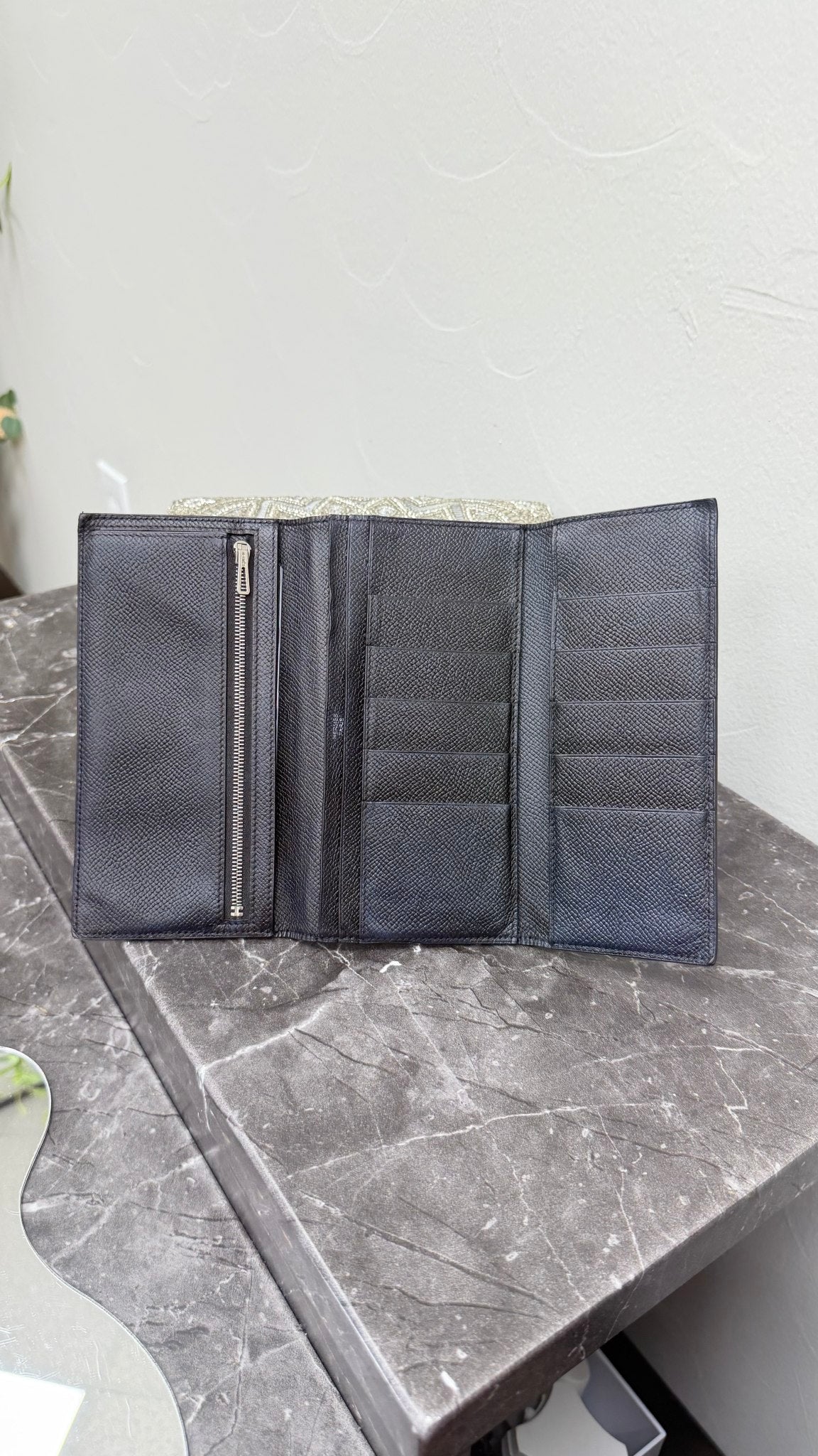Hermes Black Epsom Leather Bearn Soufflét Long Wallet