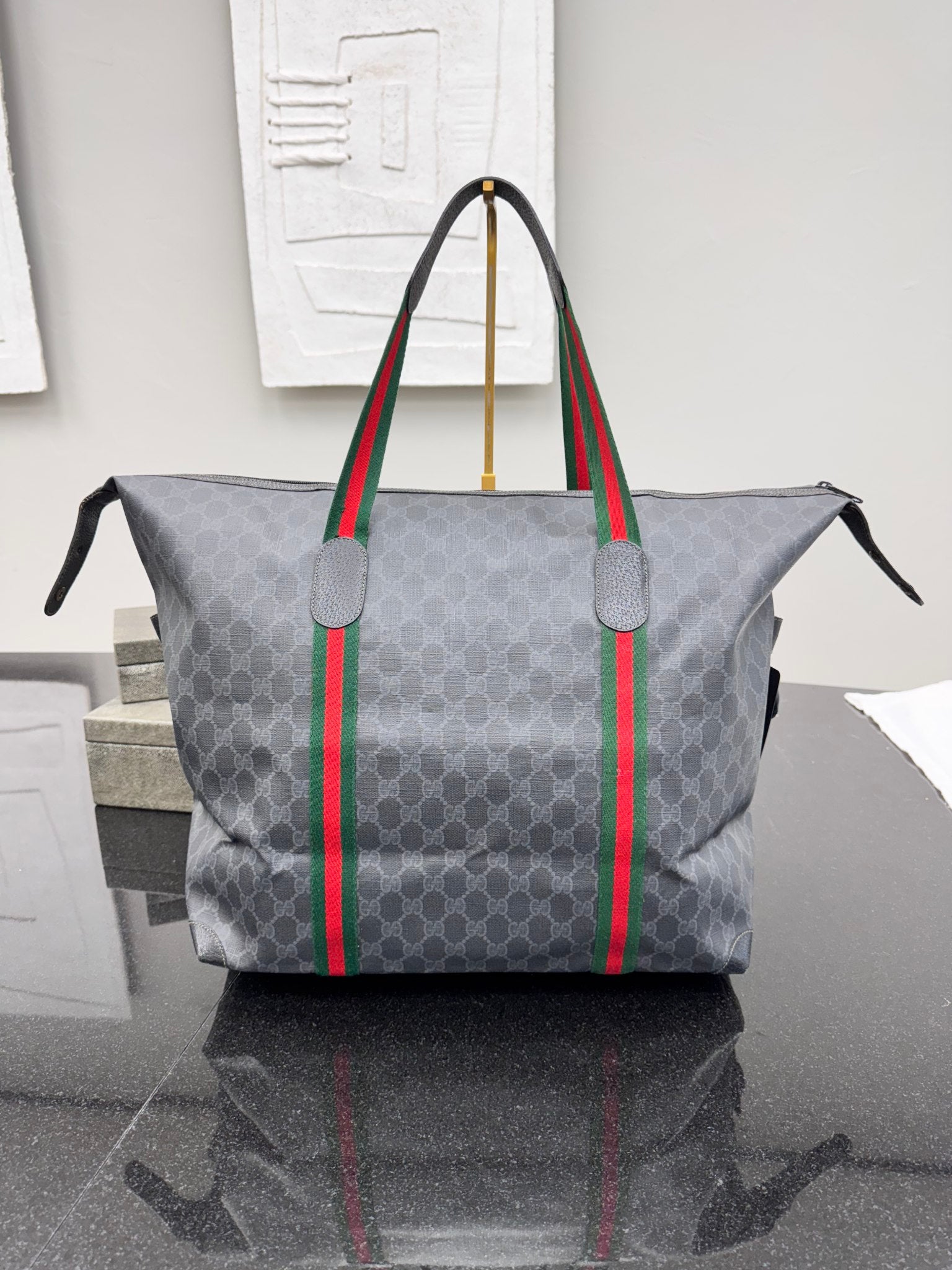 Gucci Black & Gray Sherry Monogram Web Travel Tote
