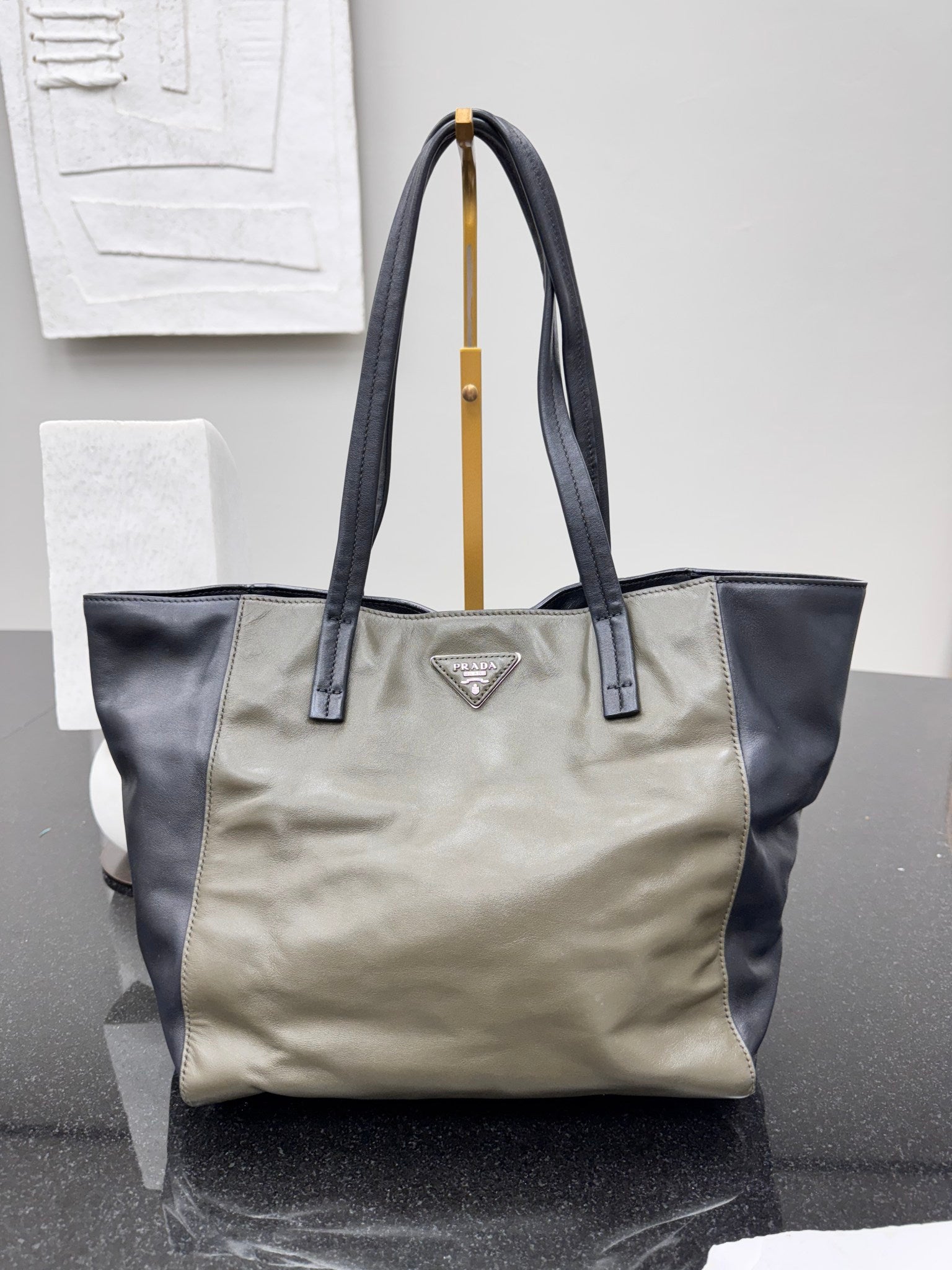 Prada Green And Black Leather Tote Bag